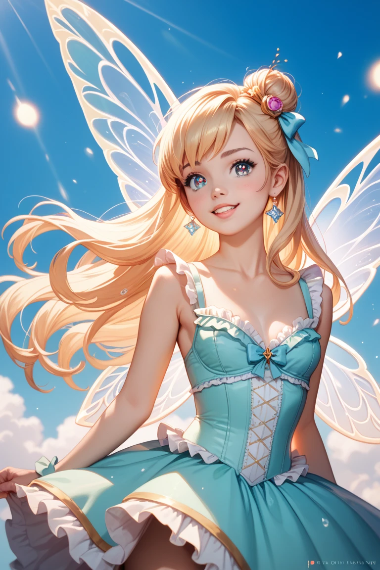 Calista explains to Jasmin that all she has to do is speak a magic formula and turn into Crystalia.What Jasmin does immediately to see what happens . She speaks the formula and is surrounded by a magical light and notices how she changes . Her blonde shoulder-length hair becomes a brown long-hair hairstyle . Her butterfly-like wings grow and she wears a pink cropped top and a matching skirt and boot. 