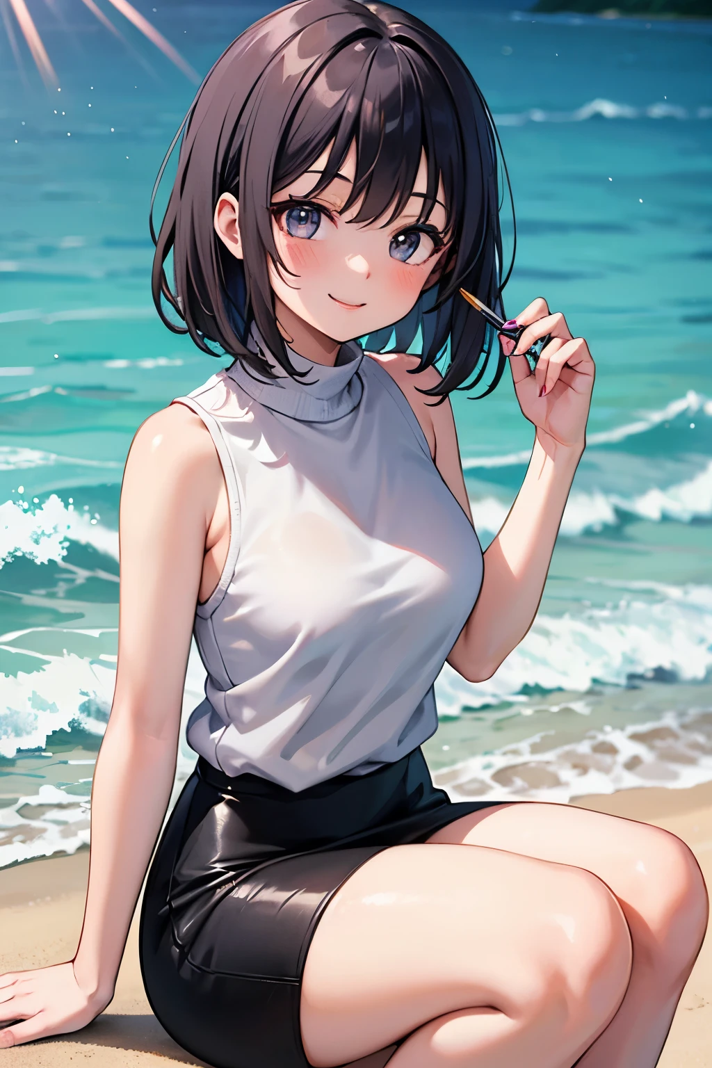 I'm raising one arm directly above me　I'm touching my side with one hand　Being at the beach　Black Shorthair　sweater(sleeveless)　mini pencil skirt(20 cm above the knee）　smile　　　　　　　　　　　　　　　　　　　　　　　　　　　　　　　　　　　　　　　　　　　　　　　　　　　　　　　　　　　　　　　　　　　　　　　　　　　　　　　　　　　　　　　　　　　　　　　　　　　　　　　　　　　　　　　　　　　　　　　　　　　　　