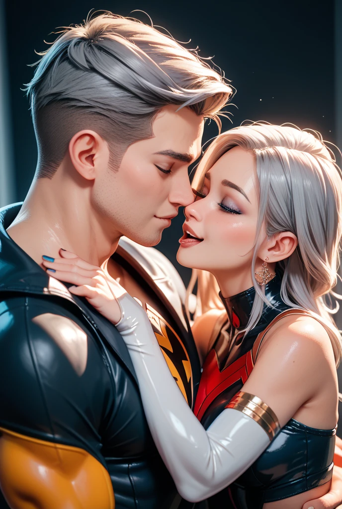 body suit, white suit, futuristic suit, gloves, white gloves, skin tight bodysuit, toned male, ager, young male, beautiful face, bodysuit, futuristic, sci fi suit, toned male, large erect bulge, nipples, shoulder guard, neck guard, blue eyes, tight gloves, white skin, two males touching each others face, kissing, white hair, beautiful bodies, white skin, white palms, two males, hands visible, clear skin