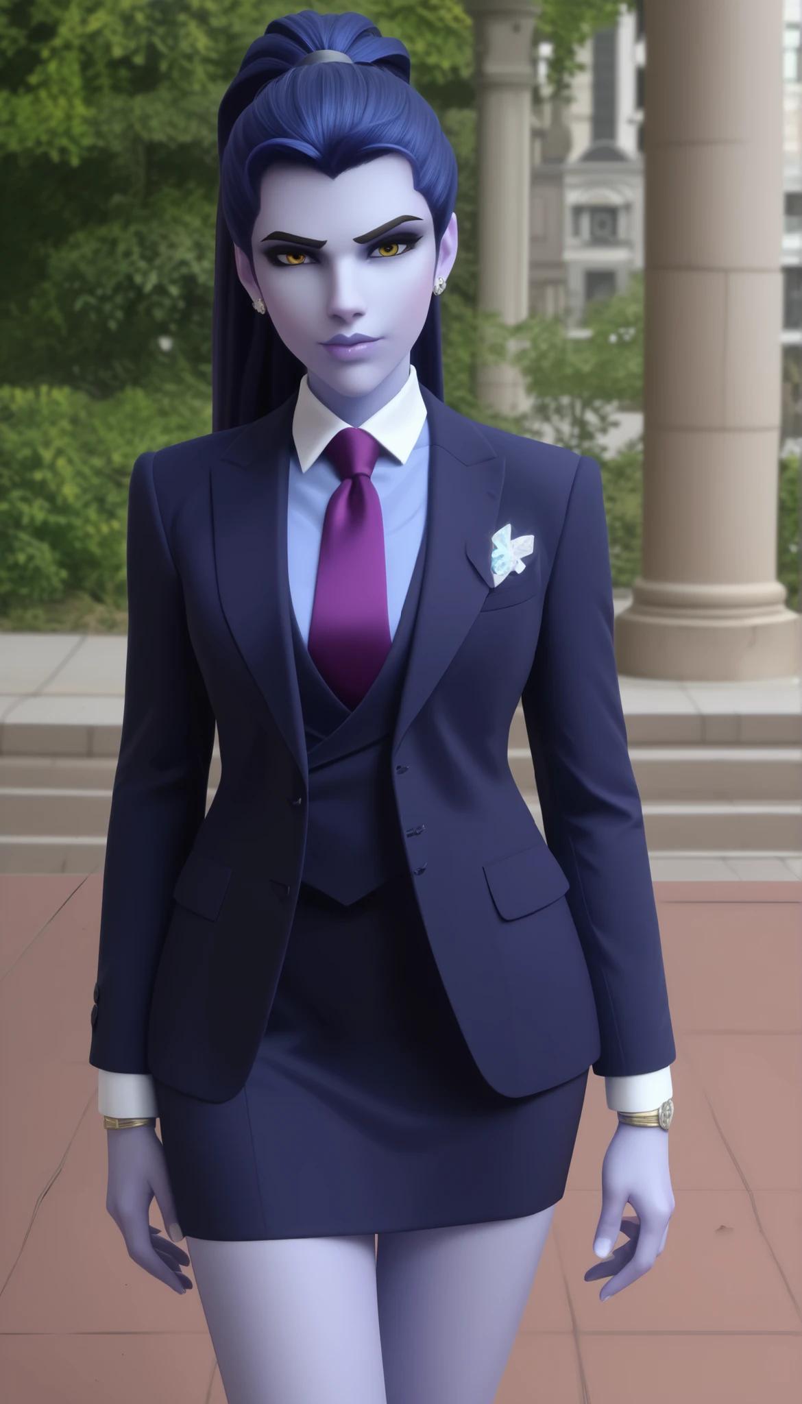 score_9, score_8_up, score_7_up, BREAK
wdwmakr, owwidowmaker, colored skin, long hair, ponytail, yellow eyes,,lips,1girl,solo,
three-piece suit, formal, jewelry, dark grey suit, purple necktie, earrings, jacket, lilac shirt with white collar, jacket, shirt, lips, skirt, pocket square, cufflinks, shiny clothing, bare legs
Face shot,Looking at viewer, smug, adjusting necktie, tightening necktie, above the knee skirt