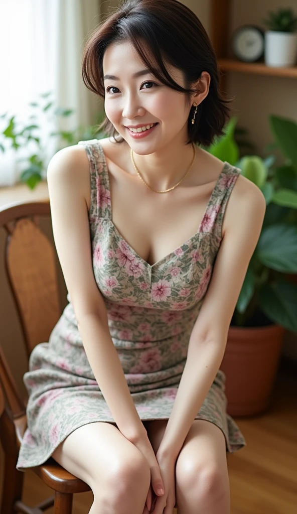 Beautiful and mature 55 year old Japanese woman, Married women, Aunt, Fine Lines, Long eyelashes, Glowing Eyes, Short Bob Haircut, (choker), (Deep Red Lipstick), elegant, Slim figure, Rosy Cheeks, Pearl Necklace, Earrings, Cute Smile, ((Summer clothes with floral pattern)), Beautiful body lines, Cleavage, Full Body Focus, Photographed on a ship, Browsing Caution