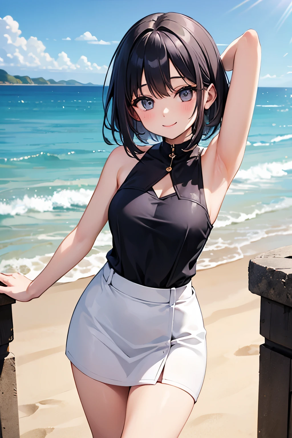 Showing both armpits standing at the seaside Black Shorthair Cute Tops(sleeveless) mini pencil skirt(20 cm above the knee) smile