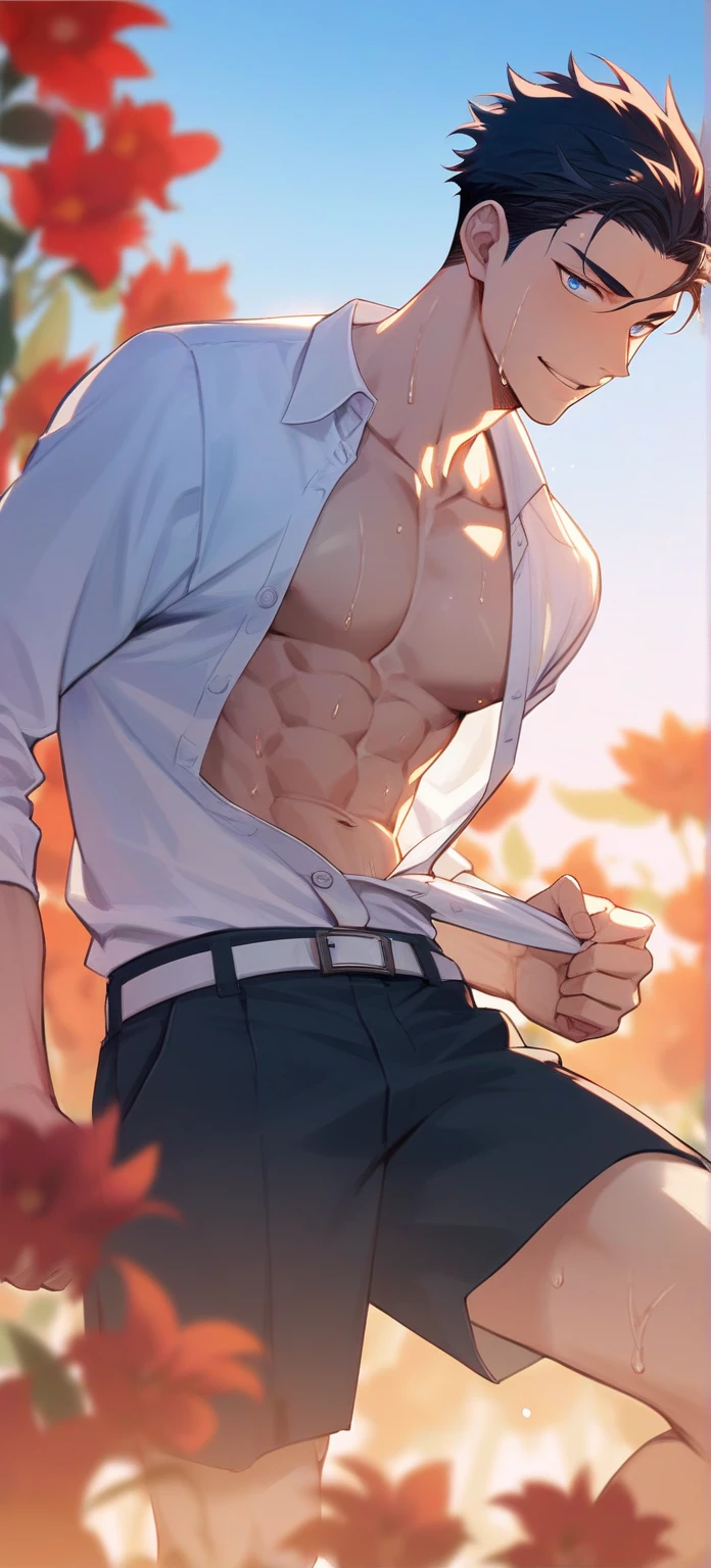 (1 Adult male),A high resolution, Sharp focus, Pixiv masterpiece, ((Complicated details)), highly detailed, natsuki_subaru, 1 man,Lying in the mud, Lazy,full bodyesbian, blue color eyes(eyes glowing), Short yellow hair,white shirt,Wear a tie,Wear a belt,perspire,rain,Drenched,Sweaty crotch,look from down