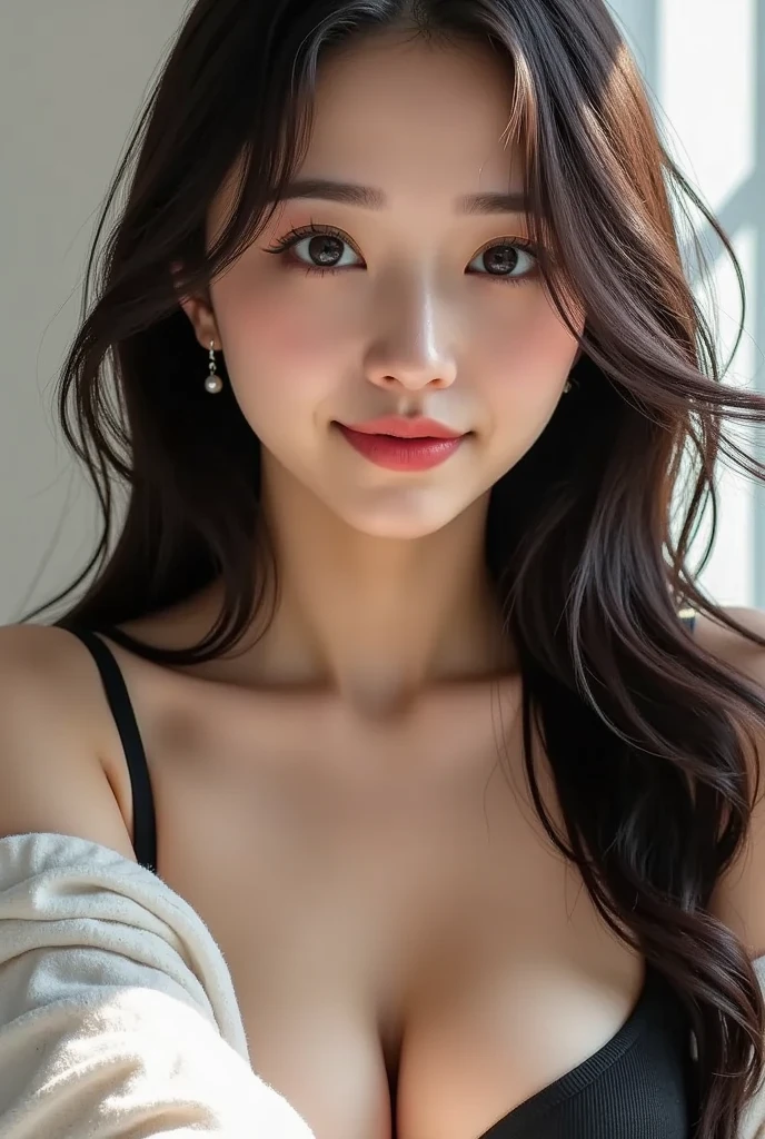 NSFW, full size body, (Realistic, Photorealistic: 1.37), (Masterpiece, Best Quality: 1.2), (Ultra High Resolution: 1.2), (RAW Photo: 1.2), (Sharp Focus: 1.3), (Face Focus: 1.2), (Ultra Detailed CG Unified 8k Wallpaper: 1.2), (Beautiful Skin: 1.2), (pale Skin: 1.3), (Hyper Sharp Focus: 1.5), (Ultra Sharp Focus: 1.5), ( Beautiful pretty face: 1.3), (Japanese actress face:1.3), (super detailed background, detail background: 1.3), BREAK, a very cute and beautiful Japan pictures of women, (sexy model), professional attire, (20 years old: 1.1), portrait of a girl with a bright smile, When viewed from the front, the composition is symmetrical, (Studio lighting: 1.3), (Cinematic lights: 1.3), ( backlight: 1.3), dim lighting, lighting that covers the whole body, looking straight at you, natural posing, break, (mahogany thin hair: 1.2, wavy bob hair:1.2), dark brown eyes, beautiful eyes, princess eyes, ((mahogany hair:1.3)), bangs, Hair between eyes, (voluptuous:1.47, curby), (medium-breast;1.37, sagging breasts:0.95), (thin waist: 1.05), (detailed beautiful girl: 1.4), BREAK, (Chest squeezed together, View viewer), Solo, Parted lips, Red lips, (shiny skin), sweat, (detailed resort hotel room background:1.2, bedroom, presenting, night), (Dishonest laughter, light seductive smile:1.15, incmoing:1.3, in heat:1.3), ((Perfect Female Body)), (Upper Body Image:1.3), Frame Head, Perfect Anatomy, Perfect Proportions, 8.5 Life-Size, Face Focus, Ultra Realistic Photo, Hyper Sharp Image, Hyper Detail Image