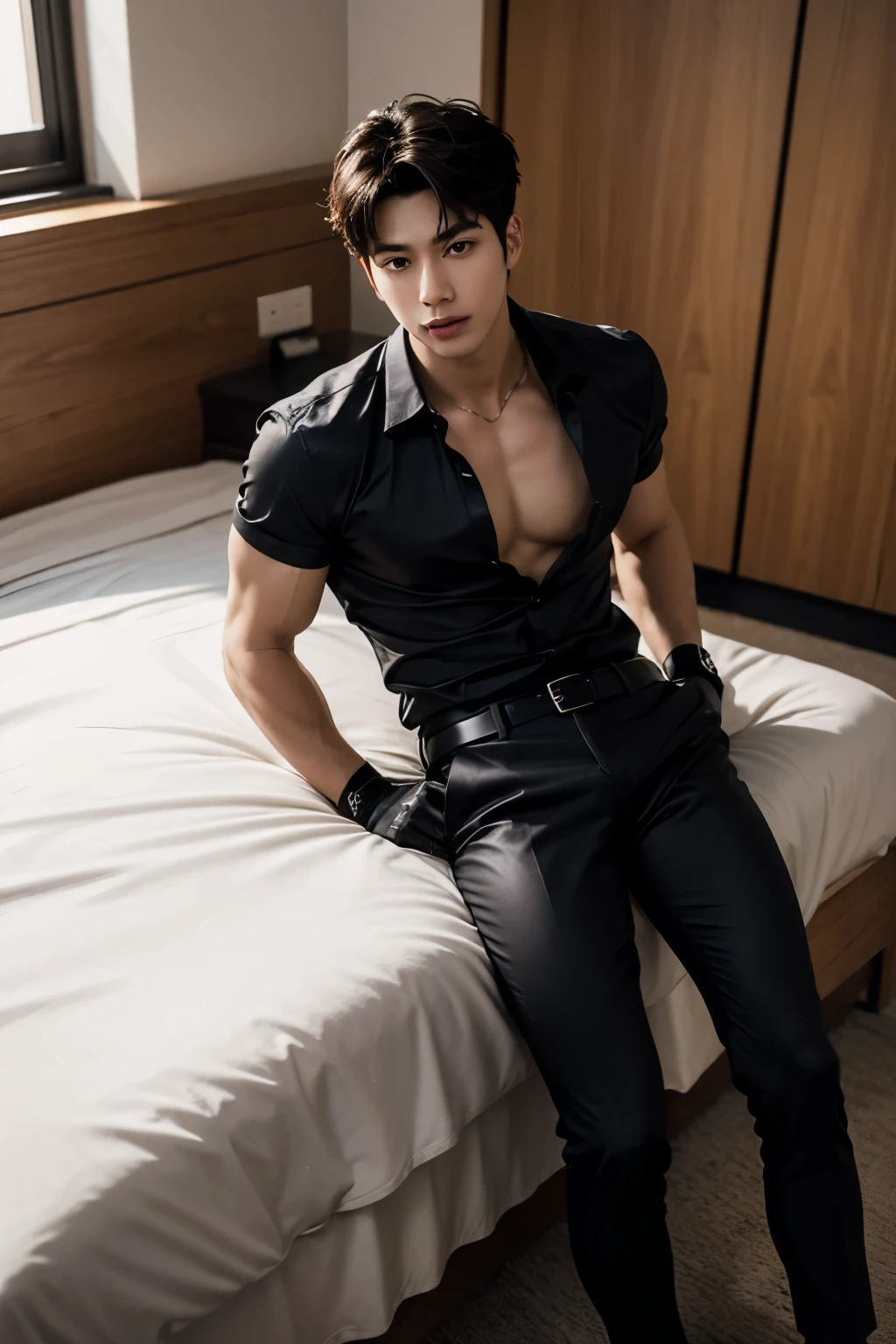 Muscular male,Expose abs,Handsome facial features,sitting in the couch,Wear transparent briefs,Black sock shoes,Wrapped in a white suit