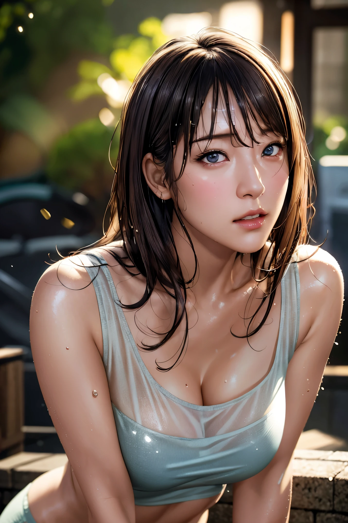 (Top Quality, 4k, Masterpiece: 1.3), Beauty, 1 Girl, Sexy: 1.1, Dark Brown Hair: 1.1, (Rain-wet, Rain-soaked, Wet Body: 1.2), White Tank Top, Ultra-Detailed Face, Detailed Lips, Detailed Eyes, Double Eyelids, Ass Viewer