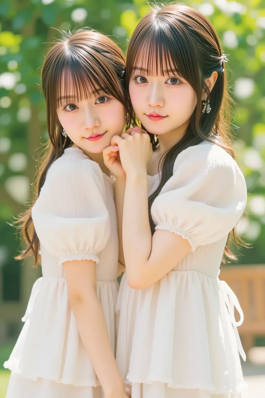 (2girls:1.5) , Top image quality、8K、masterpiece:1.3))、Realistic high-quality photos、top-quality、girl cute-fine face、 beautiful Japan girl、Photo of slim little girl iful girl model、young japanese girl、Young cute face、japanaese girl、13-year-old female model、Beautiful Model Girl、The innocent look of the girl next door、lovely delicate face、Brown hair、Beautiful brown eyes、Tear bag、drooing eyes、young body、 maid clothes