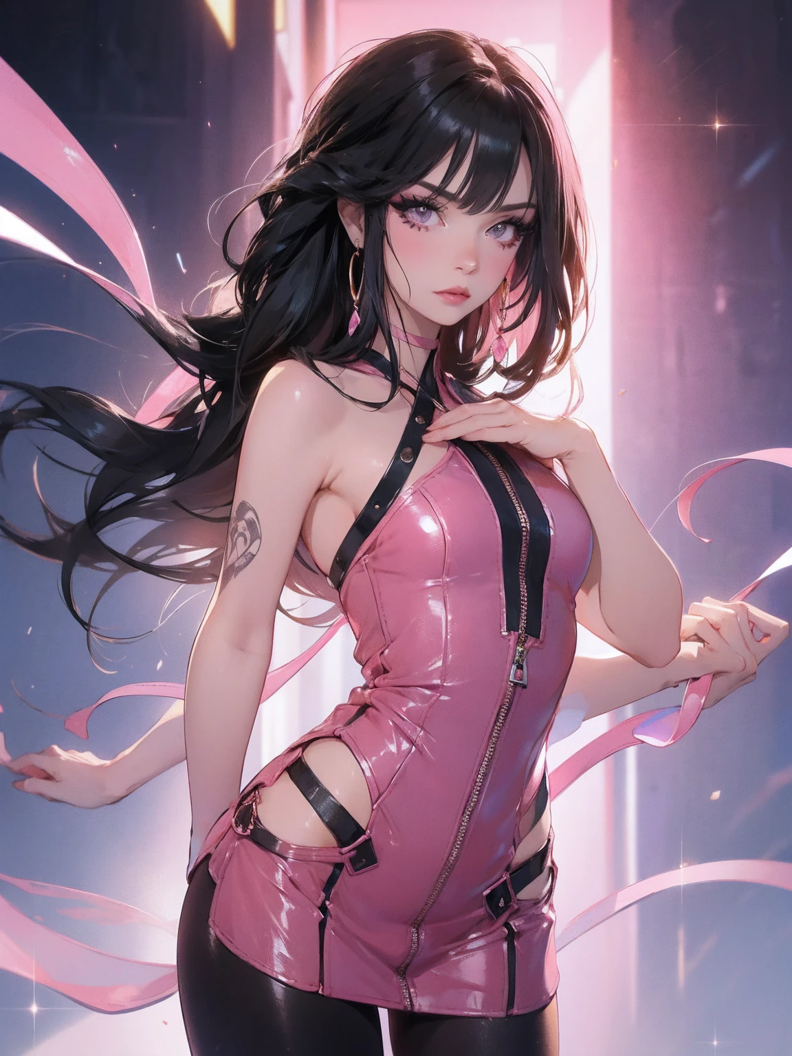 (masterpiece:1.3), (8K、best quality:1.4), (top-quality, hight resolution), (1 girl:1.3), (solo:1.3), (mizuki yukikaze), (hair ribbon, frilled collar, brooch, one-piece tan, breastless clothes, detached sleeves, corset, frills, heart cutout, micro panties, bridal garter, high heels), (Symmetrical perfect face), beautiful eyelashes, (nose blush:1.3), (flat chest:1.4), (beautiful thighs), ((accurate arm, five fingers, accurate legs)), (perfect anatomy), tanned wheat-colored skin, (high detail skin: 1.2), dynamic angle, (Late night metropolis, Decadent and futuristic urban area). (advanced future car), (cyberpunk background, blade runner), volume lighting, Bright colors, (hair ribbon, elbow bag, fingerless gloves, ruffle leotard, fur trim, black leotard, thigh boots, Taimanin suit, one piece tan),