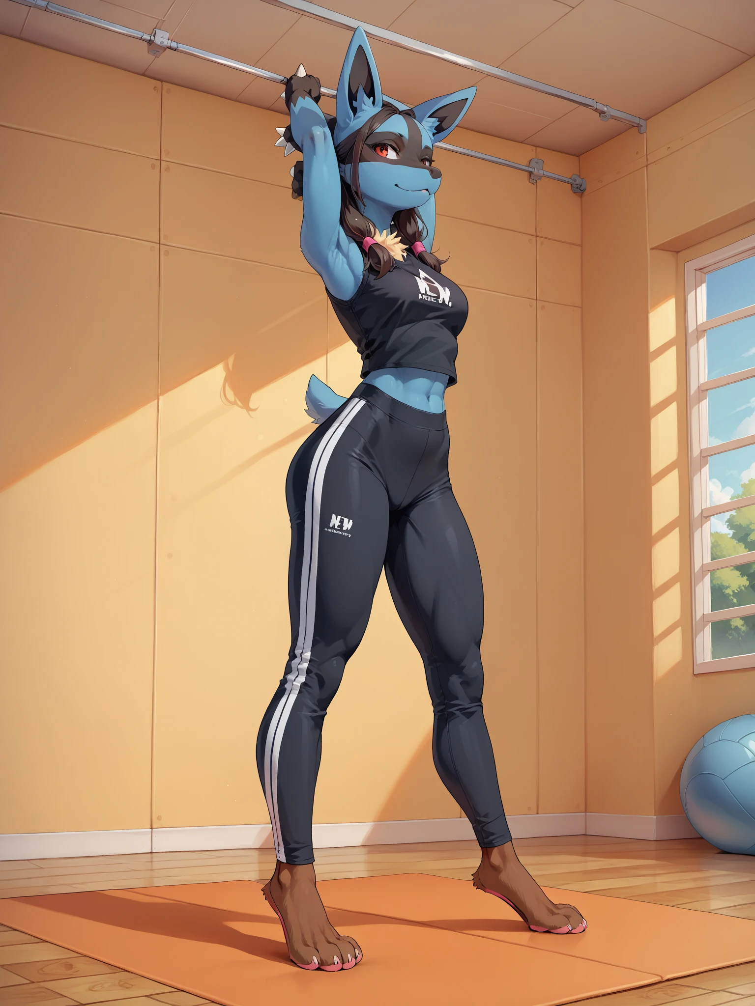 (by darkgem, by boosterpang), solo focus, 1boy, male, lion boy, cute, girly, femboy, short boy, looking at viewer, smiling, happy, large muscular body, (hyper hips:1.3), (huge bulge:1.1), (long bulge), bulgeJ8, long hair, detailed eyes, lust, masterpiece, best quality, lycra shorts, white tank top, pink sneakers, standing upright, photorealistic, hyperrealistic, ultradetailed, detailed background, photo background, digital drawing (artwork), girly, bedroom eyes, (aerobics class), indoors, looking at viewer, stretching, hands behind head, (tail),