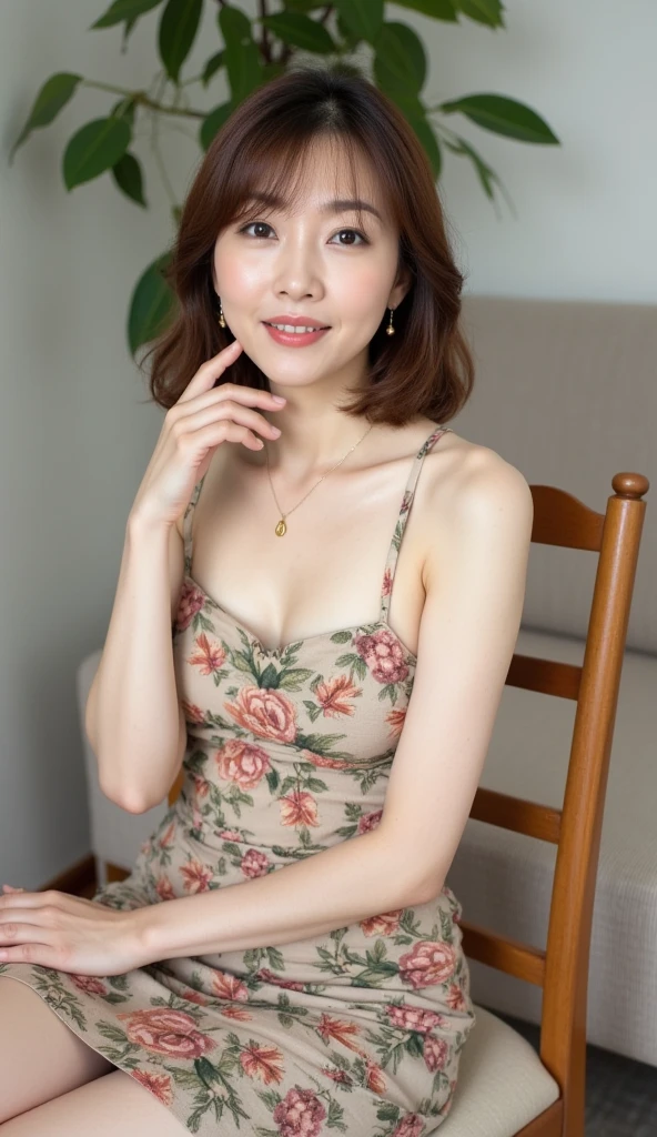 Highest quality,masterpiece,Ultra-high resolution,(Realistic:1.4),Beautiful lighting, (Highly detailed CG Unity 8K wallpapers), Beautiful face in every detail,Detailed clothing, 50mm portrait photography, No background、One Girl,Big black eyes, cute, young, Temporarily stop, Facial Lighting, Physically Based Rendering,Written boundary depth , Black Hair, short hair, ((Shoot from above)), Japanese women、20-year-old、Floral dress、(Big Breasts)、(Upper Body)、Beautiful young woman taking a selfie, Taken with iPhone camera、In front of a white wall、Selfie