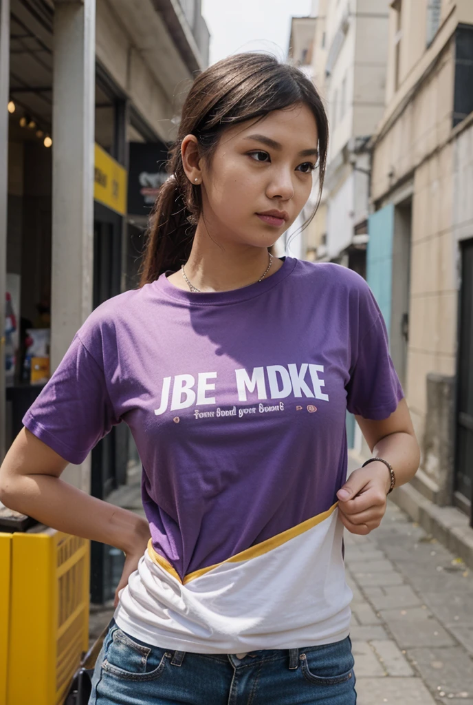 a beautiful Malay girl. He sat gracefully in a chair next to the towering "MIMOmuwais" logo in silvery purple in bold 3D letters on the wooden wall. The girl is wearing clothes