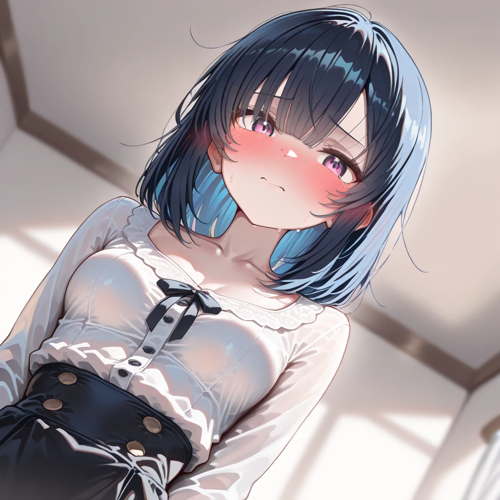 "Create a realistic anime-style illustration of a girl with short, messy white and blue hair, looking embarrassed and blushing with tears, standing in a bedroom, wearing a white shirt, bowtie, plaid mini skirt, and choker, in a daytime setting."