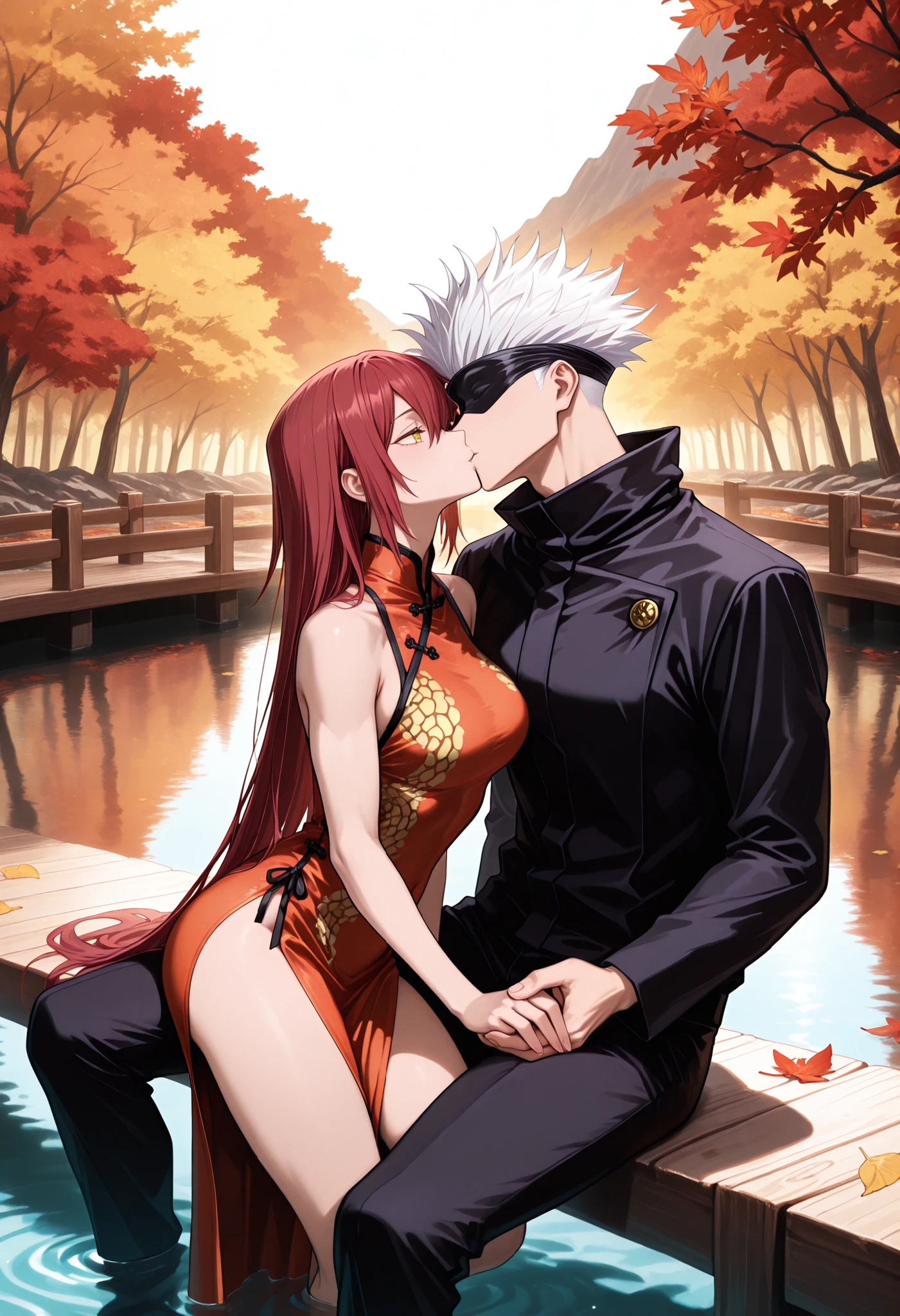 (masterpiece), (highest quality), (very detailed), (the best shape), (best shadows), (absurd), (so beautiful), beautiful eyes in every detail, unusual, 8k, 32K, high resolution, very detailed e CG, score_9, score_8_high, score_7_high, Those_anime_series, cinematic, BREAK 1 man, satoru gojou, jujutsu kaisen, black blindfold, white hair, short hair, cool, trained body, muscular, chinese kimono, BREAK couple, duo focus, hetero, look at each other, face to face, kissing, deep kissing , size diefference, height difference, Japanese autumn landscape, mountains covered in vibrant autumn foliage, with shades of red, orange, and yellow blending harmoniously, stream flows through the scenery, with fallen leaves floating on the water, warm sunlight gently illuminates the landscape, dynamic pose, cute pose, wooden bridge over the river, sitting on the wooden bridge next to each other, holding hands, looking at each other in love, deap of field, dynamic angel, wide angel shot BREAK 1girl, golden eyes, red hair, very long hair, long side parting, hair between the eyes, cool, sexy, beautiful, petite, red Chinese cocktail dress with golden dragon pattern