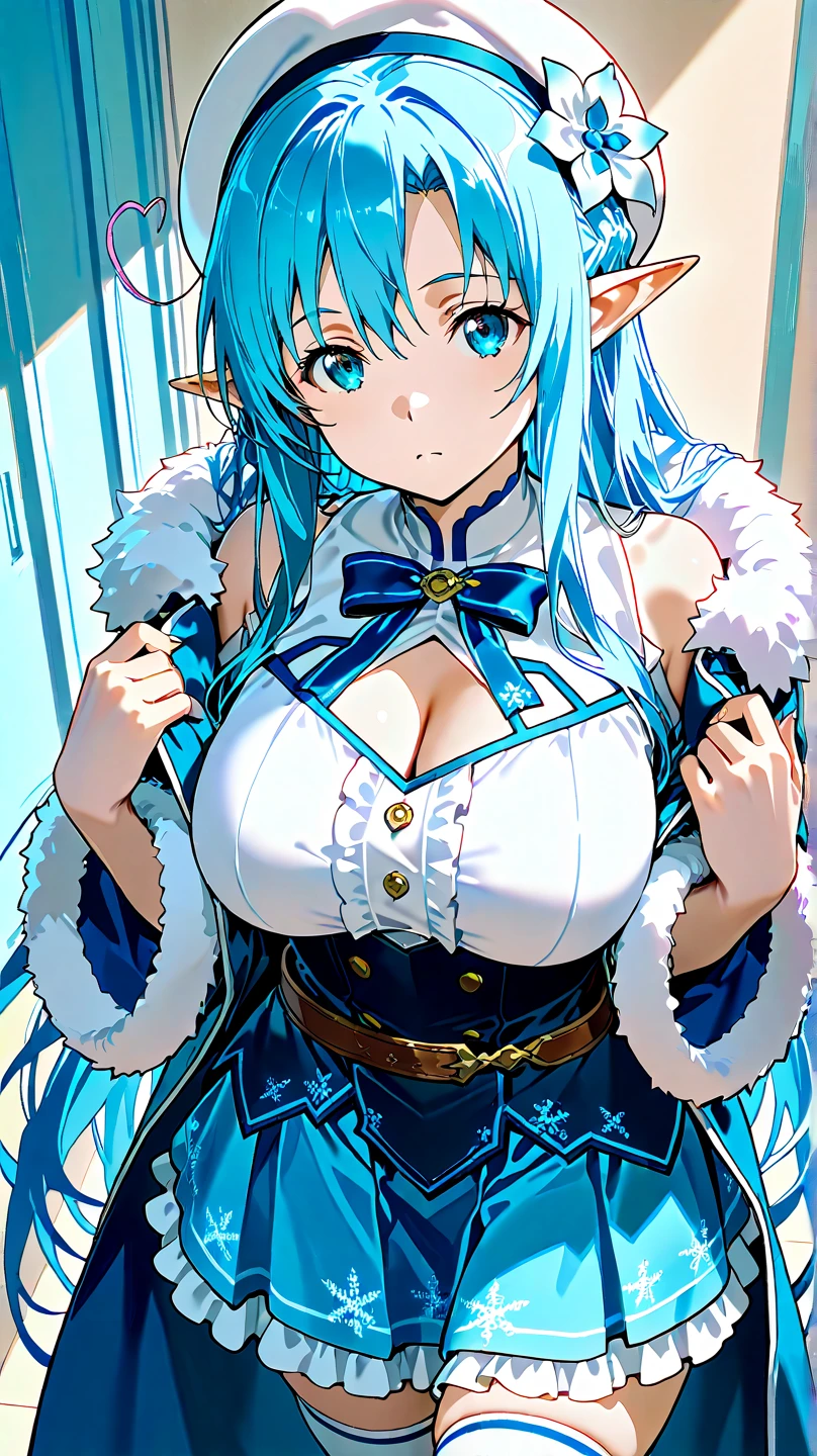 A detailed image of the character Eula from Genshin Impact, with elf ears, walking in a snowy landscape. 
Eula is wearing her signature outfit, with blue and white details, and your blue hair is blowing in the wind. 
The snow around her shines in the sunlight, creating a magical and serene effect. Ao fundo, there are snow-capped mountains.