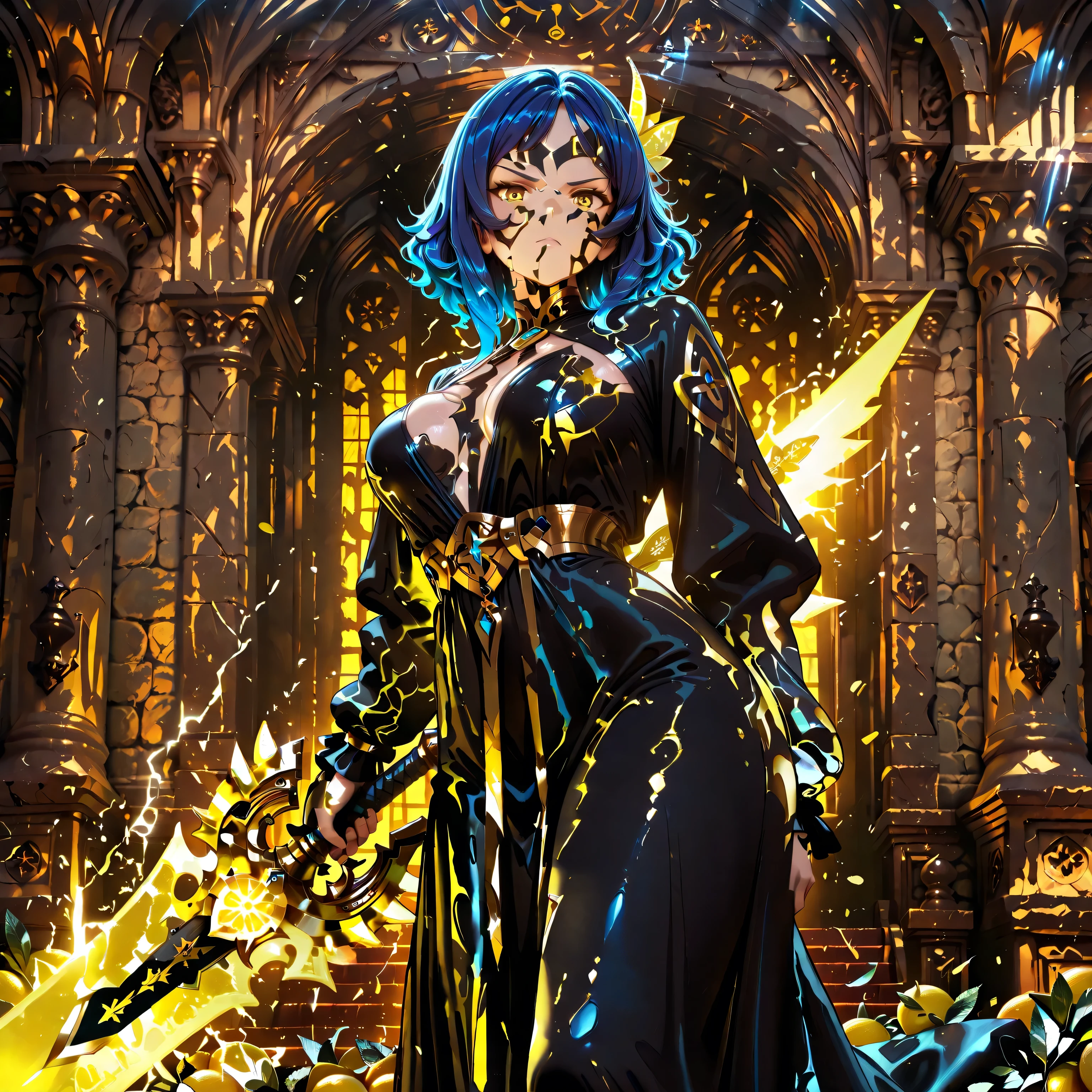 masterpiece,best quality,ultra detailed, anatomically correct, beautiful,atmospheric lighting,extremely detailed CG, unity, 8k,super fine illustration,absurdres, Full-HD,girl,gunblade user, mystic knight,determined, serious expression, sword fighting, looking at viewer, medium hair, wavy hair, blue hair,golden eyes, fair skin, detailed skin,slender, beautiful breasts,boyish,BREAK,black long dress, long sleeves,black long boots, (huge weapon energy sword),(lemon-shaped blade:1.2),