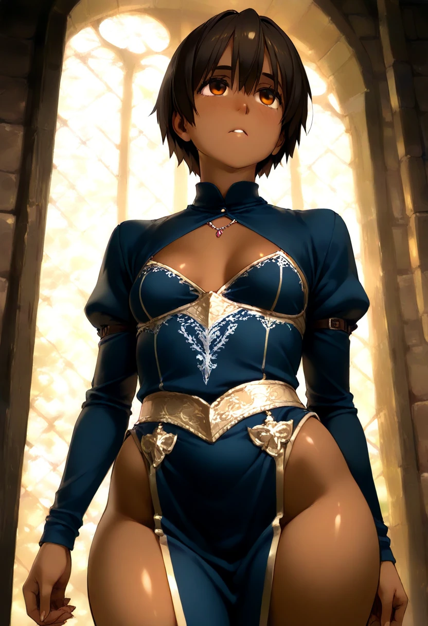 utena2_wz, short hair, purple hair, ahoge, yellow eyes, (+.+:1.1), hair between eyes, demon wings, demon horns, bare shoulders, (small breasts, perky breasts:1.5), (thigh gap, cameltoe:1), thighs, hip bone, hips, pasties, fang, demon girl, (star pasties:1.1), purple elbow gloves, navel, purple pants, (tight pants:1), crop top, corset, white dress, indoors lighting, bright lighting, illumination, modeling, soft shadows, realistic, best quality, ultra-detailed, sharp focus, vivid colors, photorealistic, meticulous attention to detail
