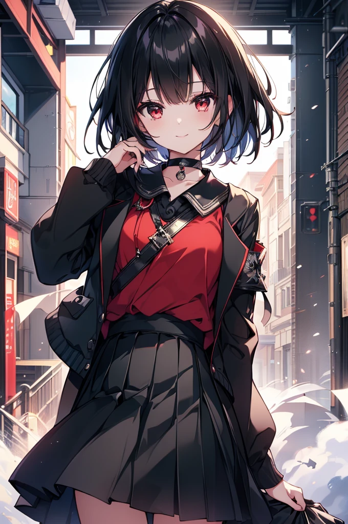 (masterpiece, highest quality, highest quality, (No text), Beautiful and aesthetic:1.2),No text,アニメ、BREAK,One Girl,Black Hair Girl short hair older sister choker Tree Eyes Beautiful eyes Red eyes cool smile Red and Black Black jacket mini skirt whole body In town
