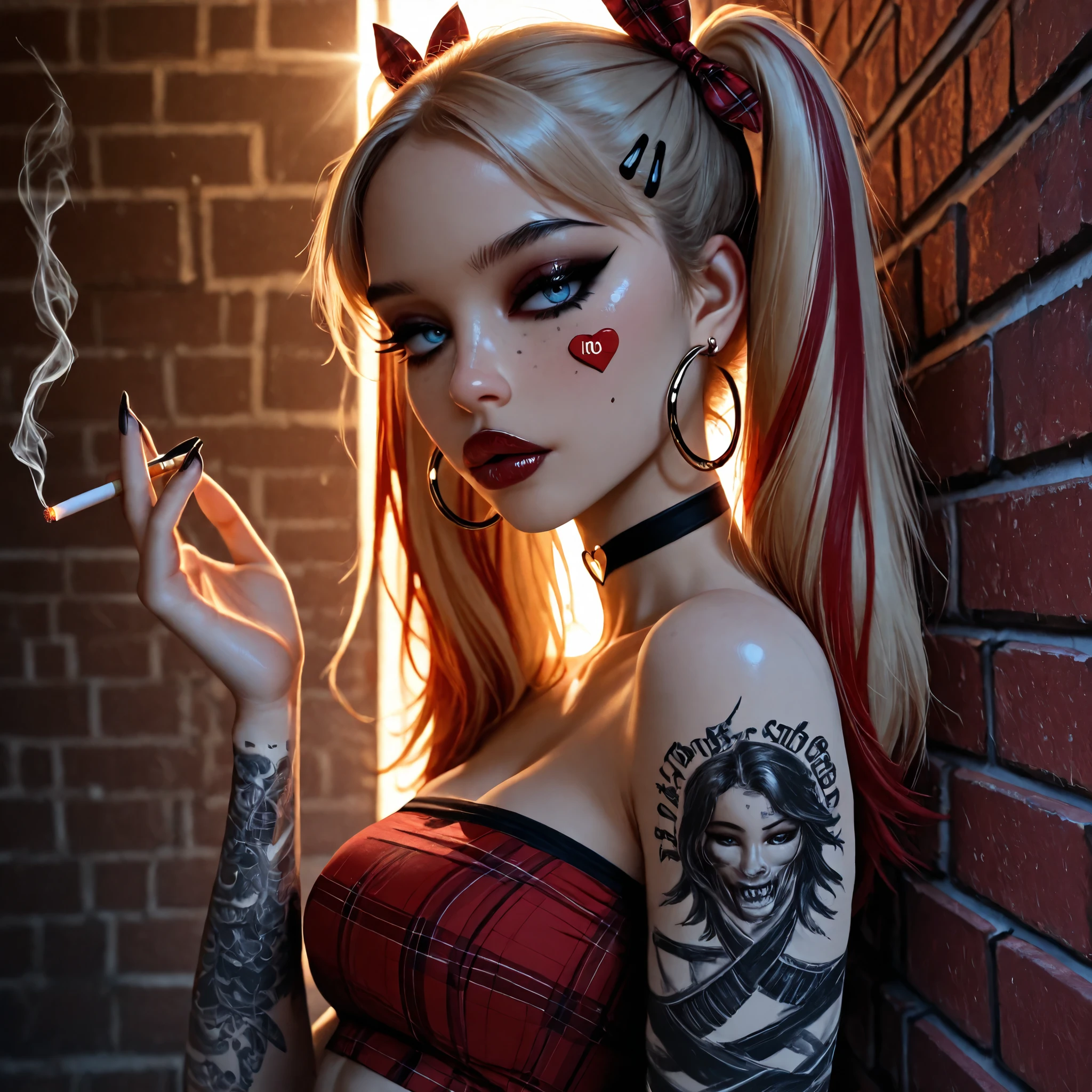 24 year old girl, leaning back against old brick wall, tattoo sleeve, juicy full lips, glossy lips, view from side, blue eyes, dark makeup, dark eyeliner, dark red shiny lipstick, alt girl, holding cigarette, black fingernails, black choker, close up, 1girl, Solo, High Resolution, looking at viewer, Bangs, Hair Bow, Masterpiece, High Resolution, Anatomically Correct, Detail, High Details, High Quality, Hoop Earrings, dark freckles, seductive expression, lips parted, red plaid Hair Ribbon, Jewelry, Hair Clip, Backlighting, Bloom, Cinematic Lighting, God Rays, score_9, score_8_up, score_7_up, cinematographic film image, blonde with red highlights, pigtails, influencer, model, beautiful, many arm tatoos, tube top, medium breasts, small heart sticker on cheek