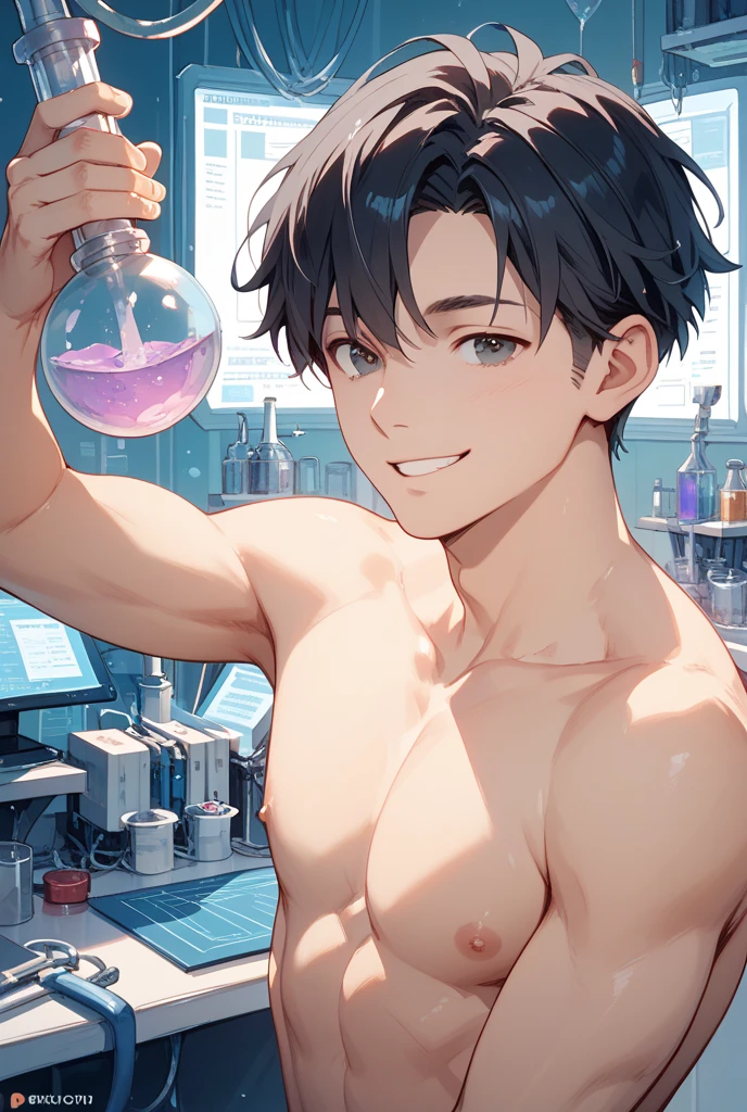 Getting ????? in the lab,A male high school assistant is applying the experimental liquid to the subject.、Long black hair、pubic hair、Smiling gently、mad scientist、Slender body、Nipples,pubic hair,Simple,(Highest quality、4K、8k、High resolution、masterpiece:1.2)、Super detailed、Highly detailed face、Chiaroscuro Lighting、Dramatic lighting、scientific、Medical