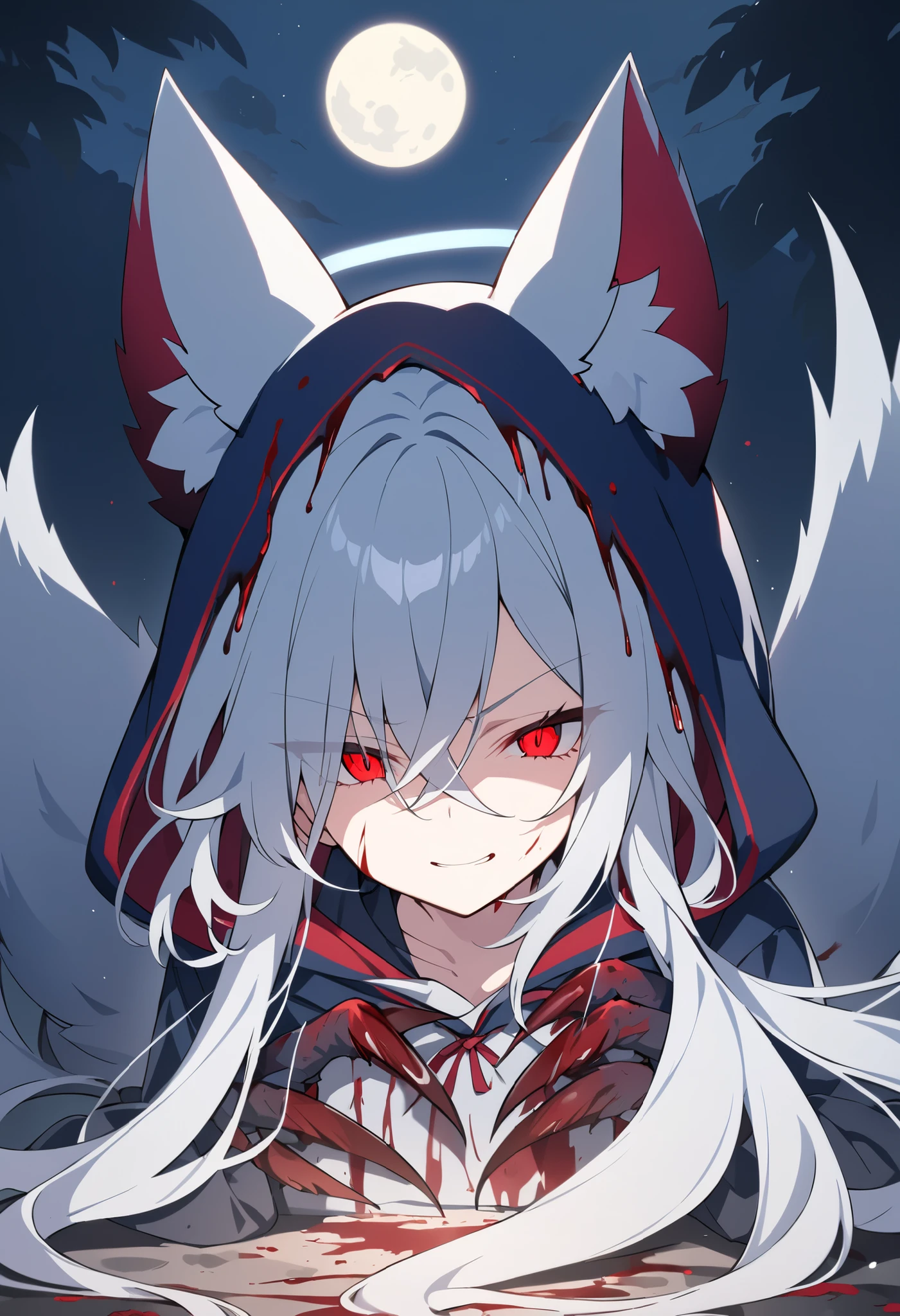 long hair,Silver Hair, girl,Light blue halo, gray wolf ears,alone,night,red pupil,night,dark blue jacket,dirty clothes(stained with blood),black sweatpants(Be covered with dust),hair covers my eyes,wearing hood hood up,An evil smile, heads down,Cover one's eyes with a hood,Showing claws,Evil,full moon,serious expression,脸stained with blood
