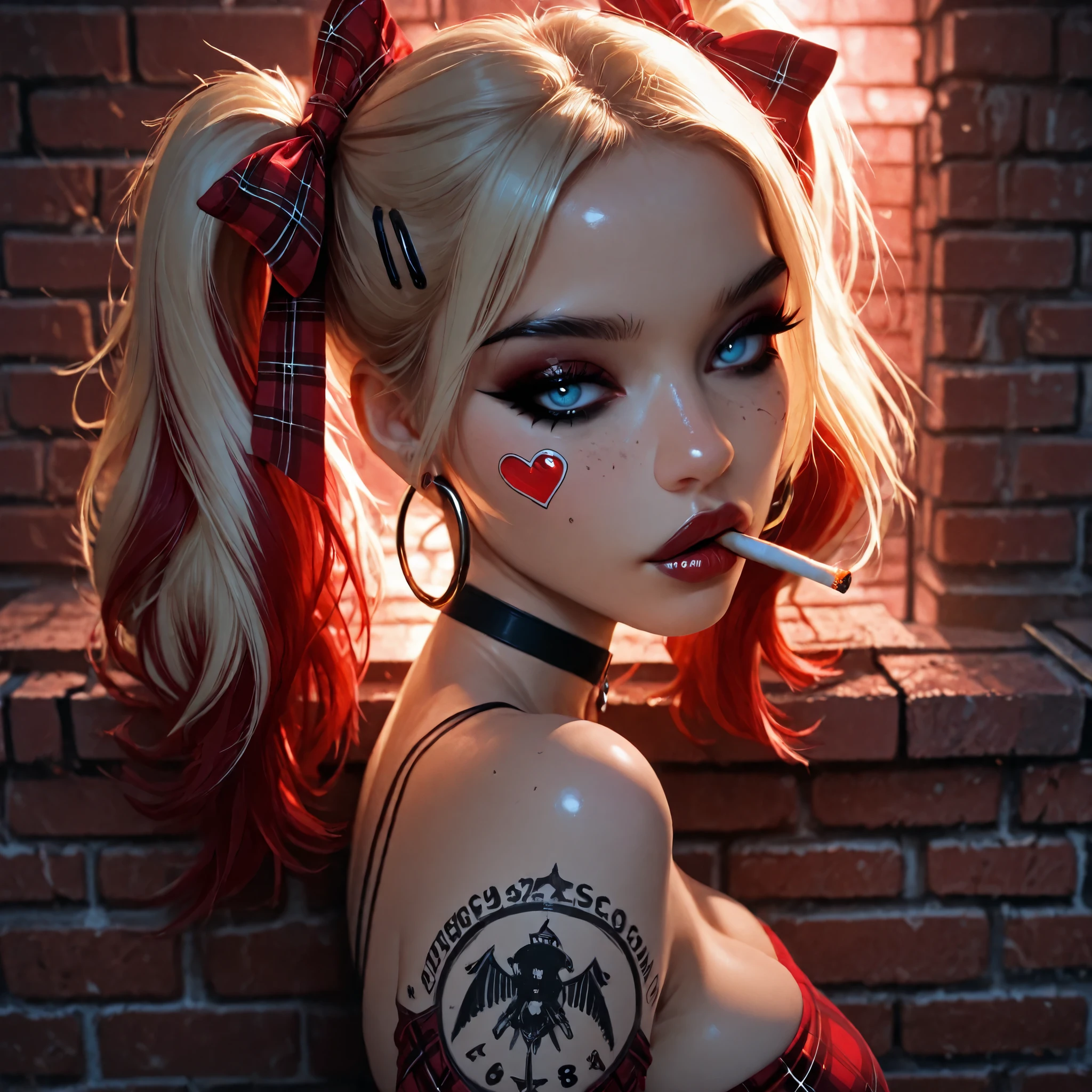 24 year old girl, leaning back against old brick wall, tattoo sleeve, juicy full lips, glossy lips, view from side, blue eyes, dark makeup, dark eyeliner, dark red shiny lipstick, alt girl, cigarette in mouth, black fingernails, black choker, close up, 1girl, Solo, High Resolution, looking at viewer, Bangs, Hair Bow, Masterpiece, High Resolution, Anatomically Correct, Detail, High Details, High Quality, Hoop Earrings, dark freckles, seductive expression, lips parted, red plaid Hair Ribbon, Jewelry, Hair Clip, Backlighting, Bloom, Cinematic Lighting, God Rays, score_9, score_8_up, score_7_up, cinematographic film image, blonde with red highlights, pigtails, influencer, model, beautiful, many arm tatoos, tube top, medium breasts, small heart sticker on cheek