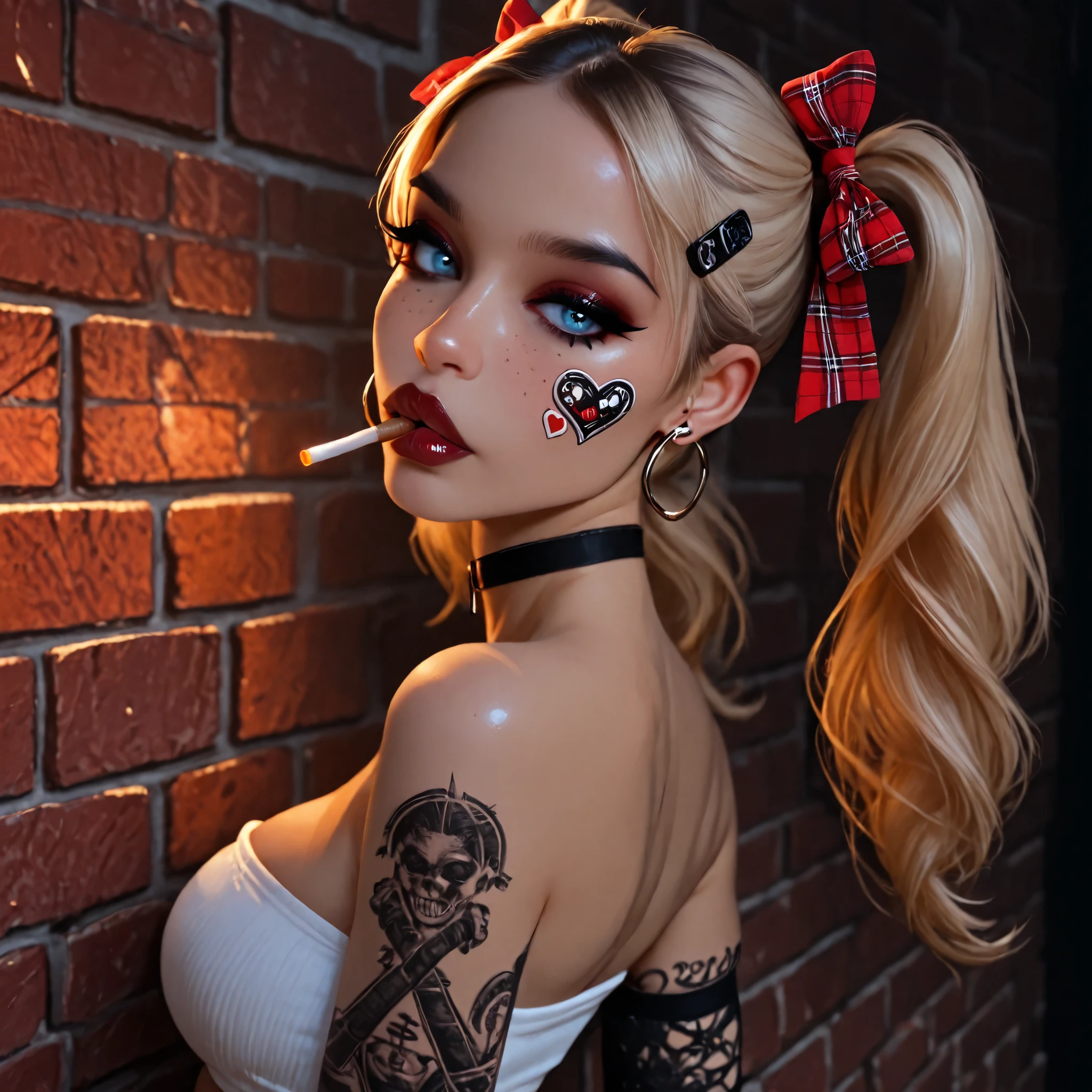 24 year old girl, leaning back against old brick wall, tattoo sleeve, juicy full lips, glossy lips, view from side, blue eyes, dark makeup, dark eyeliner, dark red shiny lipstick, alt girl, cigarette in mouth, black fingernails, black choker, close up, 1girl, Solo, High Resolution, looking at viewer, Bangs, Hair Bow, Masterpiece, High Resolution, Anatomically Correct, Detail, High Details, High Quality, Hoop Earrings, dark freckles, seductive expression, lips parted, red plaid Hair Ribbon, Jewelry, Hair Clip, Backlighting, Bloom, Cinematic Lighting, God Rays, score_9, score_8_up, score_7_up, cinematographic film image, blonde with red highlights, pigtails, influencer, model, beautiful, many arm tatoos, tube top, medium breasts, small heart sticker on cheek