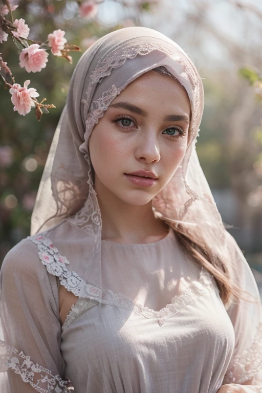 Hijab, bridesmaid, skin tight wedding dress, bending over looking up, perfect body, close up, flowers decorations