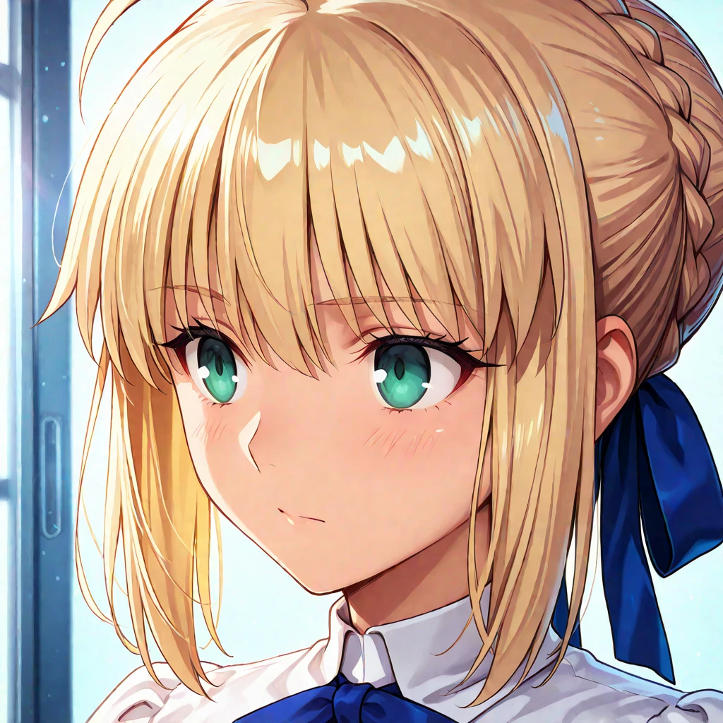 best quality, masterpiece,<lora:saber_v1:0.9>, phSaber, phAltoria, 1girl, solo, cloud, sky, long hair, looking at viewer, day, upper body, alternate costume, puffy sleeves, blue sky, hair down, blurry, frills, juliet sleeves, white shirt, smile,