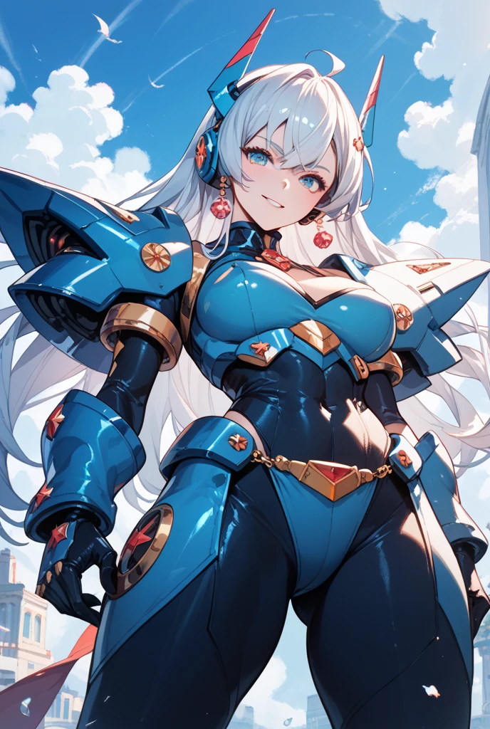 (1 girl huge breasts), High quality science fiction masterpiece wallpaper, Mech warrior, glowing blue eyes, unique sword, Extreme details, simple background, Smooth lines, (Deluxe Edition)
