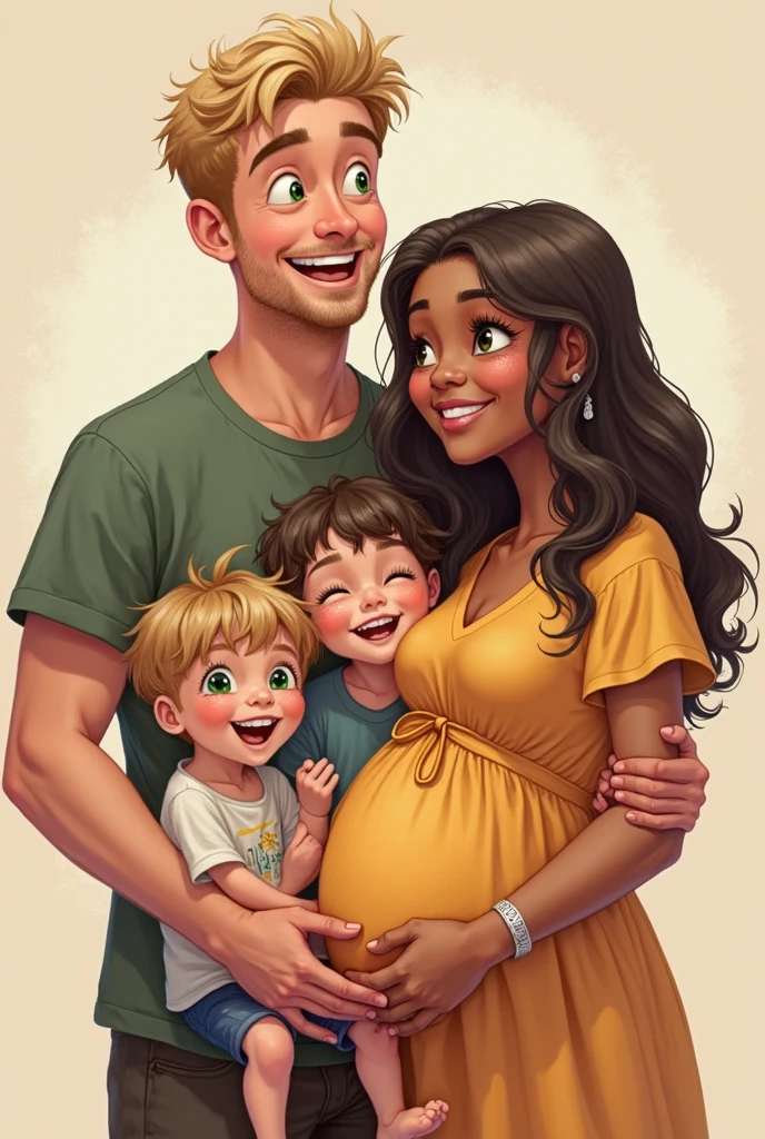 Short black-haired pregnant girl with Vans shoes along with a 4-year-old boy with short curly hair along with a black Chihuahua dog and along with a man with a Nike flat cap and Adidas sweatshirt with reading glasses and a beard with Nike shoes and tattooed skin