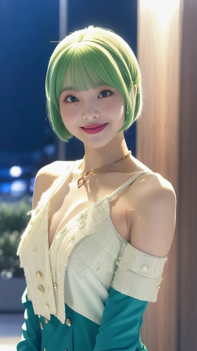 female idol、Full body esbian、smiling face、Lipgloss、very large necklace (turquoise blue and light green)、Very large earrings (turquoise blue and light green)、shiny latex tight mini dress（turquoise blue and light yellow）、colorful hair (turquoise blue and light yellow)、conceptual art, high quality, realist, Extremely detailed 8k unified CG wallpaper, Very detailed, High definition raw color photographs, professional photography, realist portrait, cinematic light, Beautiful detailed, super detail, High details, (((bokeh))), Depth of fields, lightning, Neon Street, Super stylish lighting、Imminent penetration, lying, on back, 