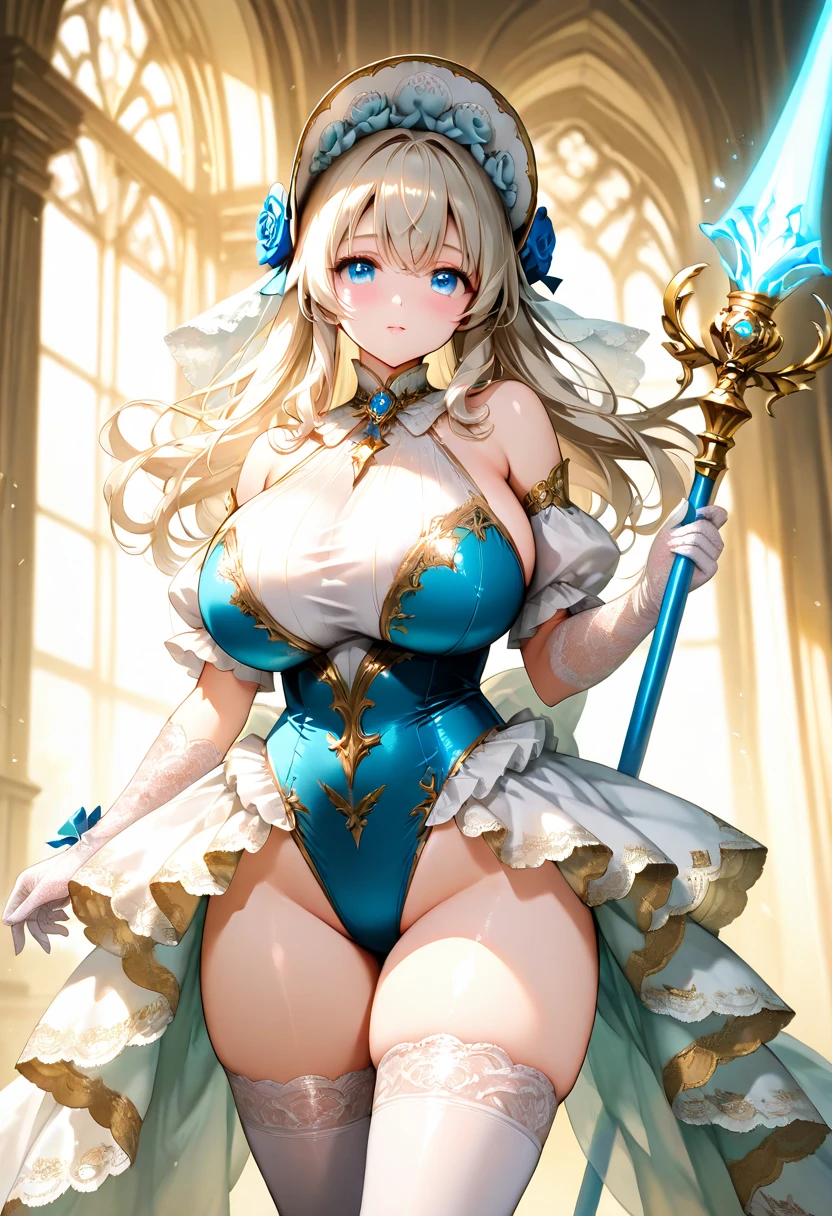 Tabletop, highest quality, Highly detailed CG Unity 8k wallpaper, Beauty Priestess Costume, Long dark blonde wavy hair、Gorgeous dress in white and blue, (Long Flared Skirt), Medium Milk, Puffy nipples、Blushing, Embarrassed laugh, Exposing shoulders、Sexy Hips、Sexy Underwear、Blue High Heels、Gorgeous magic wand and book、Church of the castle、Sexy pose、(Poses that accentuate the buttocks)