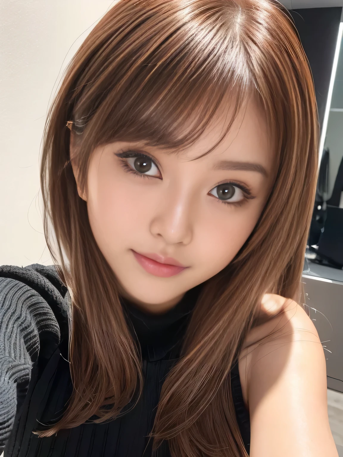 Full body angle、((highest quality, 8k, masterpiece: 1.3)), concentrate: 1.2, Cute Girl 1,The nipples are erect、 Perfect beauty: 1.4,Cross V-neck T-shirt, Casual short sleeve summer t-shirt: 1.2,Long sleeve、Randall Color、comics＆Text Graphics、Black ruffle-trimmed drawstring zip blouse,1.1, 非常に詳細な顔とskinの質感, fine grain, double eyelid, 美白skin, ,highest quality,Ultra-high resolution,you,1 girl,alone,_Shiny_skin,iris,necklace,((Brown_length_Wavy_hair)),(lips)),eyelash,前hair,deal with,Compensate,Shiny,pore,skin texture,Large Breasts、smile、