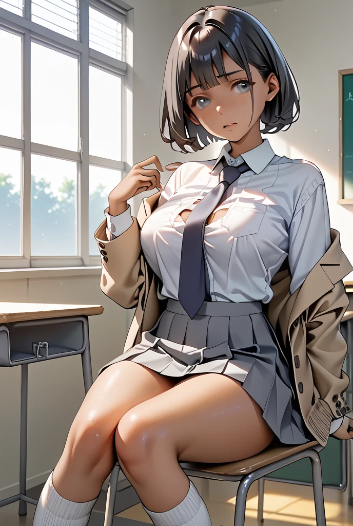 1 woman, 17 years old, curly bob hair, plump body, red eyes, Indonesian high-school uniform, (white transparent shirt), osis logo on shirt pocket, big breasts, light-grey pleated skirt, sitting on a chair, full body shot, smiling, in the classroom.