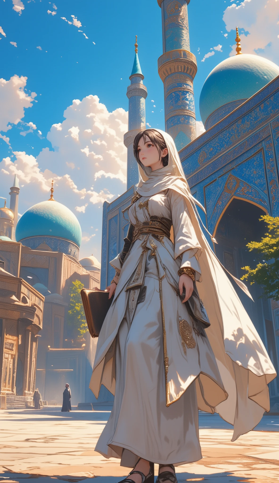 (8k,  top quality,   Masterpiece  ,  Final Fantasy Style: 1.2), ( realistic , photo realistic : 1.37),  super detailed,  one girl,The beautiful mosques of Samarkand, Samarkand blue, , clear blue skies, a priest, the Quran, and a female traveler wearing a veil over her head