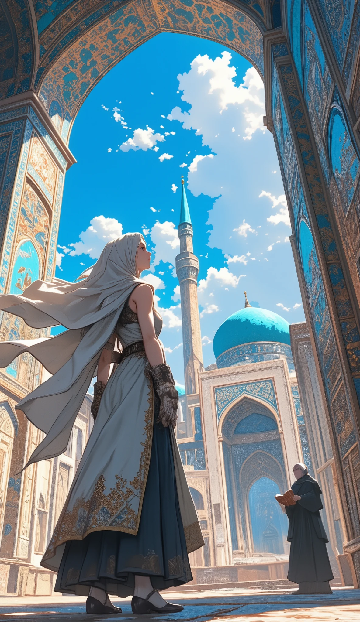 (8k, top quality, Masterpiece , Final Fantasy Style: 1.2), ( realistic , photo realistic : 1.37), super detailed, one girl,The beautiful mosques of Samarkand, Samarkand blue, , clear blue skies, a priest, the Quran, and a female traveler wearing a veil over her head