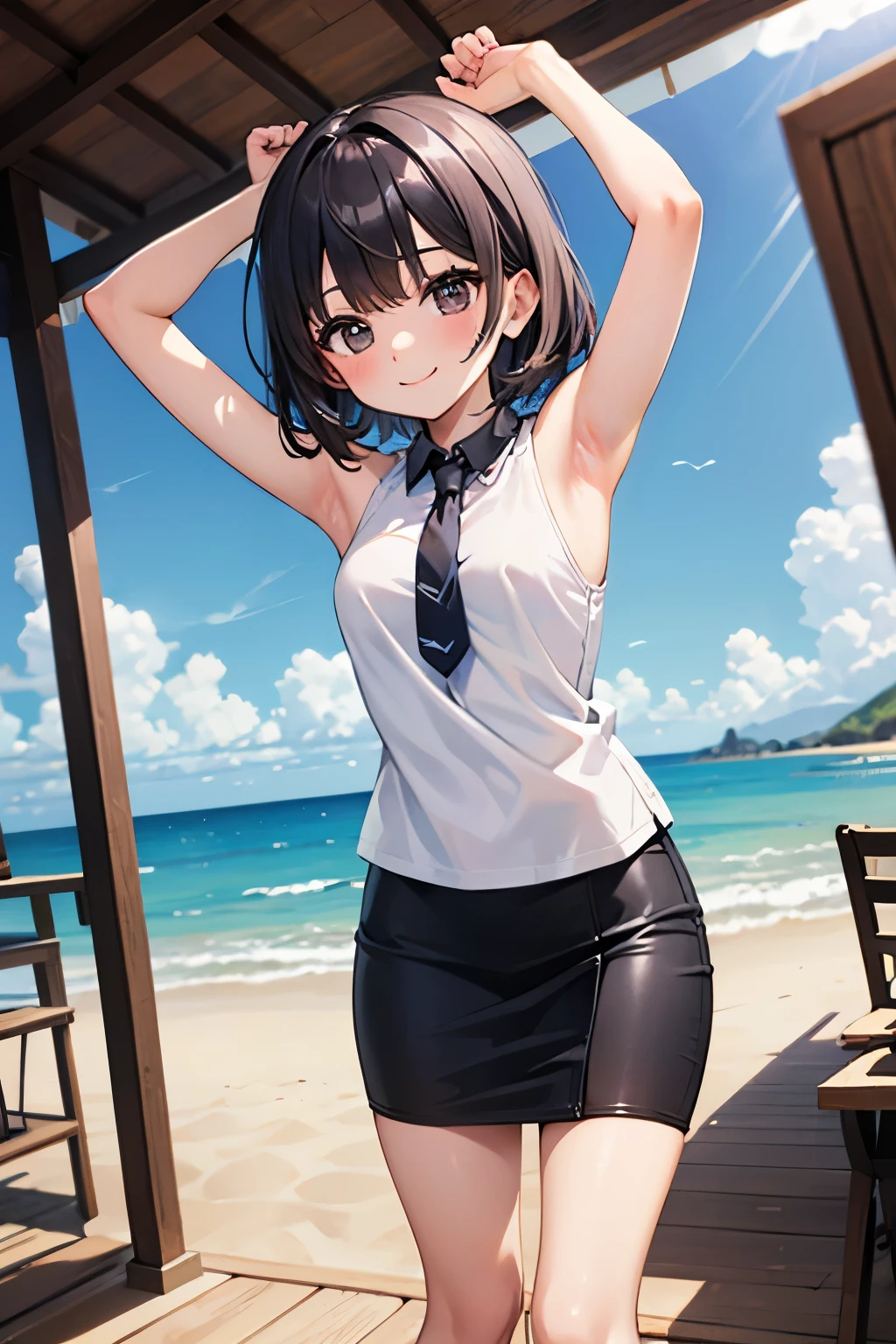 and both arms are raised directly above standing at the seaside ((Focus on armpits )) Black Shorthair cute clothes(sleeveless) pencil skirt(10 cm above knee length) smile