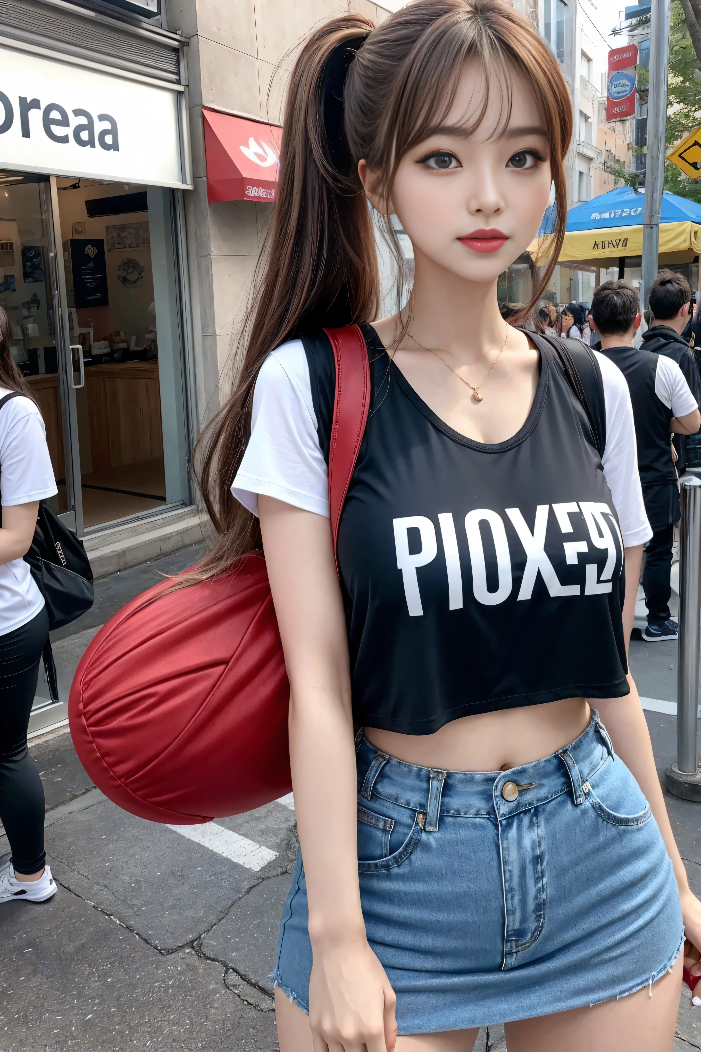 Kim Ji-ni Jennie face, wearing a fluorescent orange vest, dirty braids, cropped and pink shorts, sexy, cute, sitting on the beach by the sea, sun on the face, sunshine