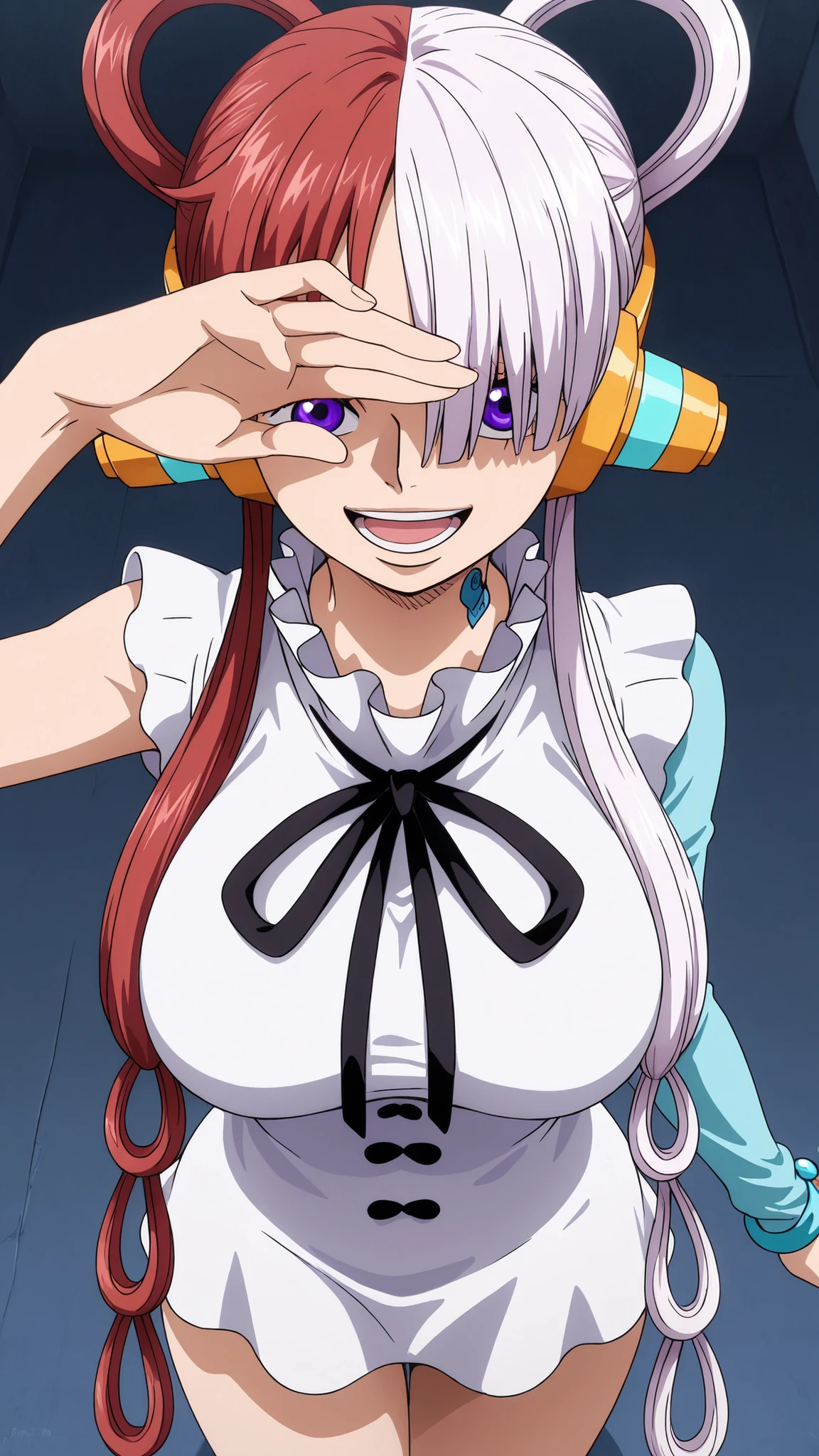 uta,one piece,
High quality , best quality , masterpiece, High Resolution , detailed face( LoRA: uta),anatomically correct, detailed hair Style( LoRA: uta),anime Coloring,
solo, 1 girl,
long hair, multicolored hair, split-color hair, two long ponytails with two circular braids, hair ornament, bright purple eyes, bangs, golden headphones, hair over one eye(white hair, bangs covering one eye,), two tone hair, large breast,
short white dress, dress upper thighs, frilly neckline, black bow on neck, black button, light blue sleeve on left arm, single sleeve, long sleeve, blue bracelets on right arm,,
looking at viewer ,close up,upper body,from above
, Japanese-style room
, smile,open mouth