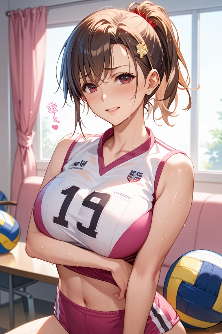 (masterpiece:1.3, top-quality, ultra high resolution, ultra detailed), (realistic, photorealistic:1.4), beautiful illustration, perfect lighting, natural lighting, depth of fields, nsfw, 
beautiful detailed hair, beautiful detailed face, beautiful detailed eyes, beautiful clavicle, beautiful body, beautiful chest, beautiful thigh, beautiful legs, beautiful hands, white skin, shiny skin,
looking at viewer, 1 girl, high school girl, volleyball player, (perfect anatomy, anatomically correct, super detailed skin), cute and symmetrical face, babyface, perfect face, perfect eyes, 
(long hair, drill hair, brown hair), asymmetrical bangs, maroon eyes, long eye lasher, (large breasts:0.6, seductive thighs), bare arms, bottomless, slender, outstanding style, 
((detailed cloth texture, (sleeveless volleyball uniform), lowrise, (highleg buruma), (crop top:1.1), buruma, buruma)), nipple hardening, cameltoe, crotch, (cleavage:1.2), 
(beautiful scenery), evening, ((volleyball gymnasium, volleyball cort)), (sweaty), 