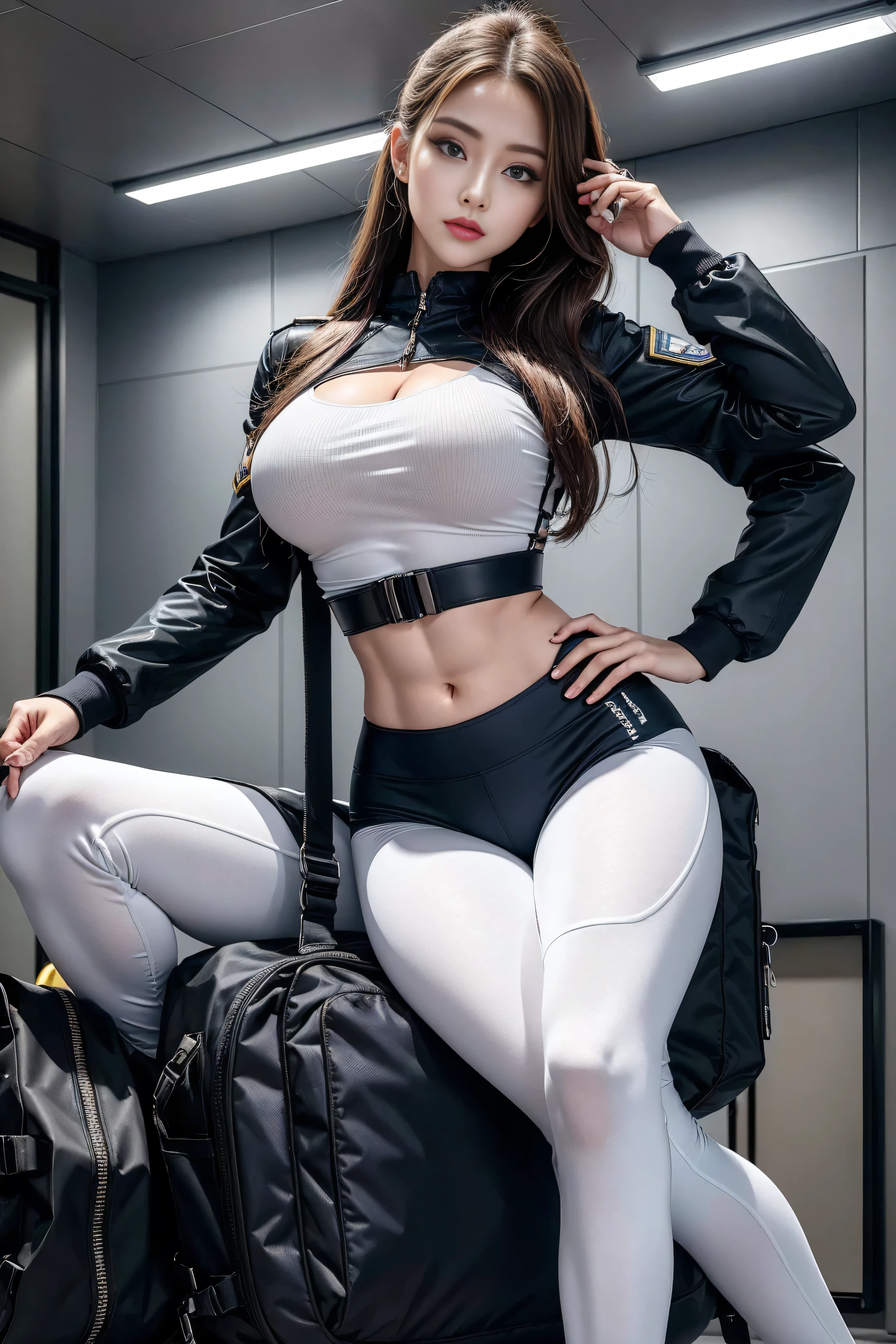 (highest image quality, prominent details, ultra-high resolution), 1 girl, set (futuristic military attire inspired by white yoga pants, military wiring harness, military equipment such as military bags, aviation sunglasses), (charming figure, curvy figure, healthy figure, tense abdominal muscles), background (at military base), (dynamic posture)