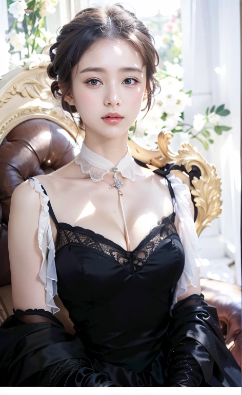 In the center of this image、There is a beautiful young woman with a calm and warm expression.。She has short, loosely curled brown hair.、Natural makeup with pink tones、Highlights delicate features。Her outfit is a gothic style dress.、Black lace choker with silver pendant、Off-the-shoulder black sleeves with lace detailing、Features a silver corset that cinches the waist。The corset has intricate lacing details、It contrasts beautifully with a voluminous black skirt embellished with lace and ruffles.。The background is blurred、It gives the image a dreamy and fantastical feel.。The setting is a luxurious, vintage-style room.、Soft lighting and large windows let in natural light、Highlights the model&#39;s features and outfit。かわいい
