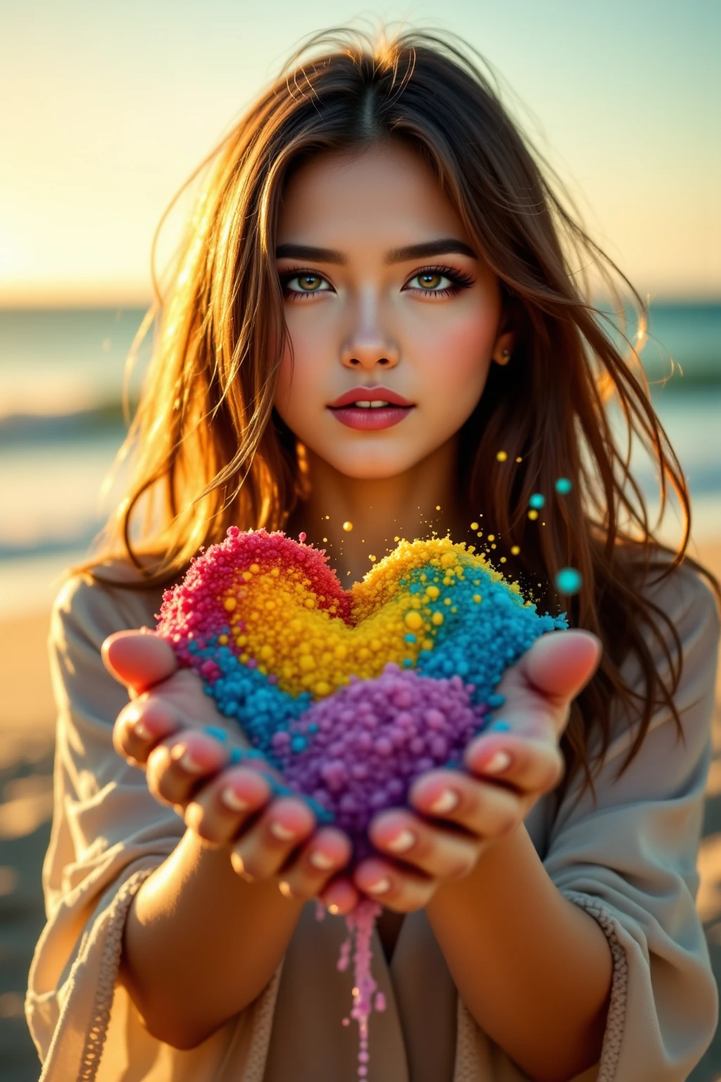 A woman who threw sand into the air,The thrown sand is rainbow-colored and clearly shaped like a heart,unique ocean background,Portrait of a beautiful woman, by, facial expression ,Sand rising into the air,seascape,sunshine, Warm colors ,realistic,photo style,high res,exquisite details,realistic,Luminous colors,rich texture,Professional Style