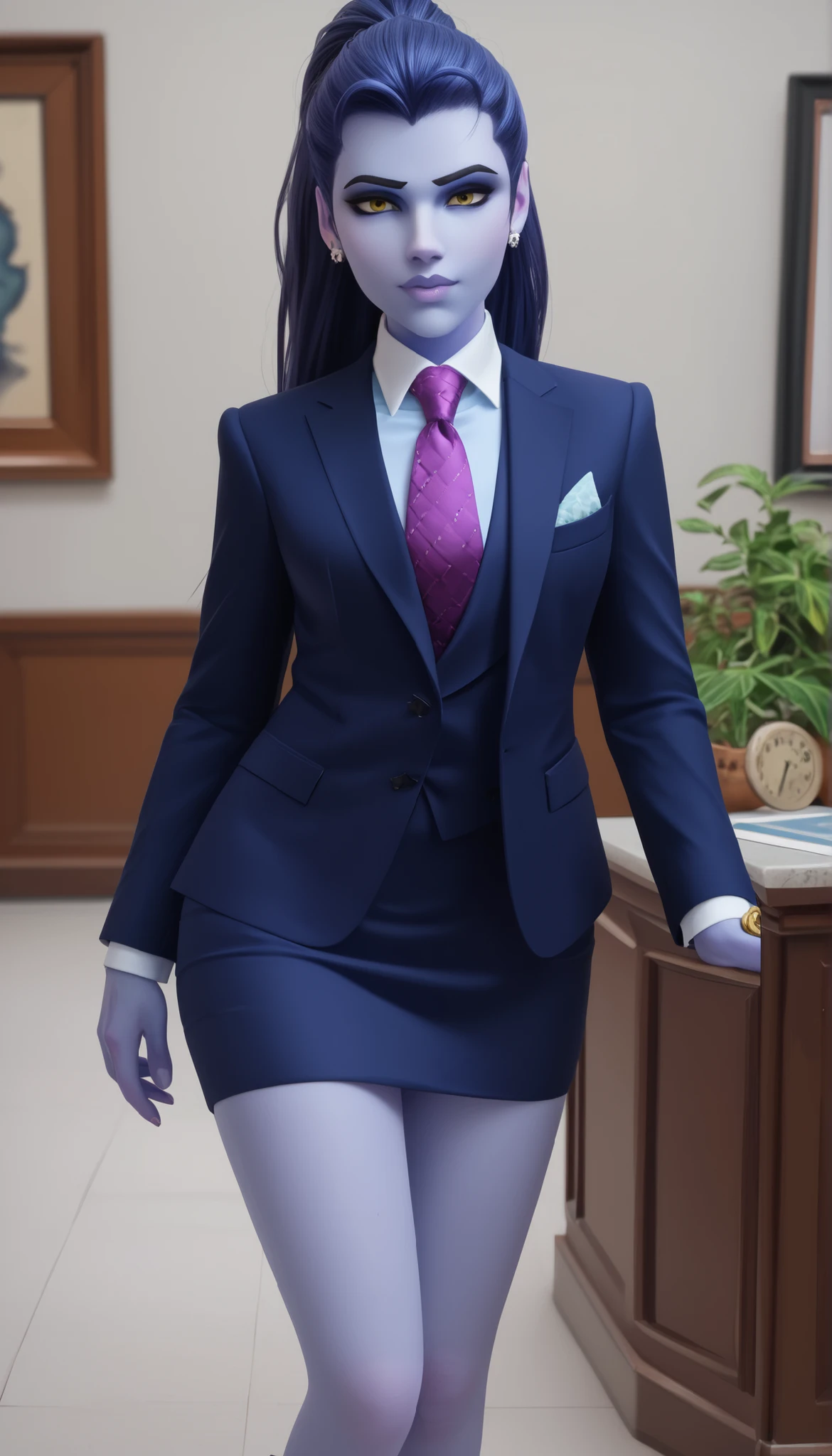 score_9, score_8_up, score_7_up, BREAK
 wdwmakr, owwidowmaker, (((colored skin))), (((blue skin))), head turned, long hair, ponytail, yellow eyes,,lips,1girl,solo,
 three-piece suit, formal, jewelry, dark grey suit, purple necktie, earrings, jacket, lilac shirt with white collar, jacket, shirt, lips, skirt, pocket square, cufflinks, shiny clothing, bare legs
Face shot,Looking at viewer, smug, adjusting necktie, tightening necktie, above the knee skirt