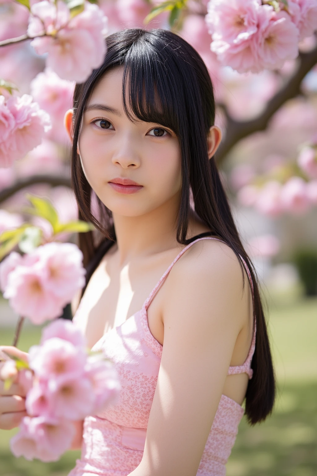 highest quality, High resolution, Realistic photo, Detailed skin texture, (Cute 8 year old Japanese girl wearing a short white lace camisole), (Flat Chest:1.5), To the camera, Slim figure, Fair skin, View your viewers, Focus on the face, Straight long hair, In the park with cherry blossoms falling, (:1.2)