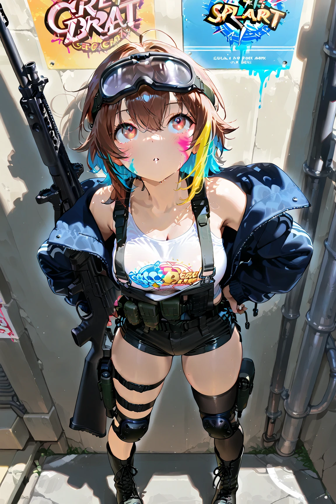 photograph、Japanese women、masterpiece、highest quality、High resolution、Very detailed、Big eyes、Small Nose、Small Mouth、short hair、Small breasts、cute、若いJapanese women、Tiny swimsuit、Giantess、Destroyed urban area、rubble、Destroy a busy thoroughfare、