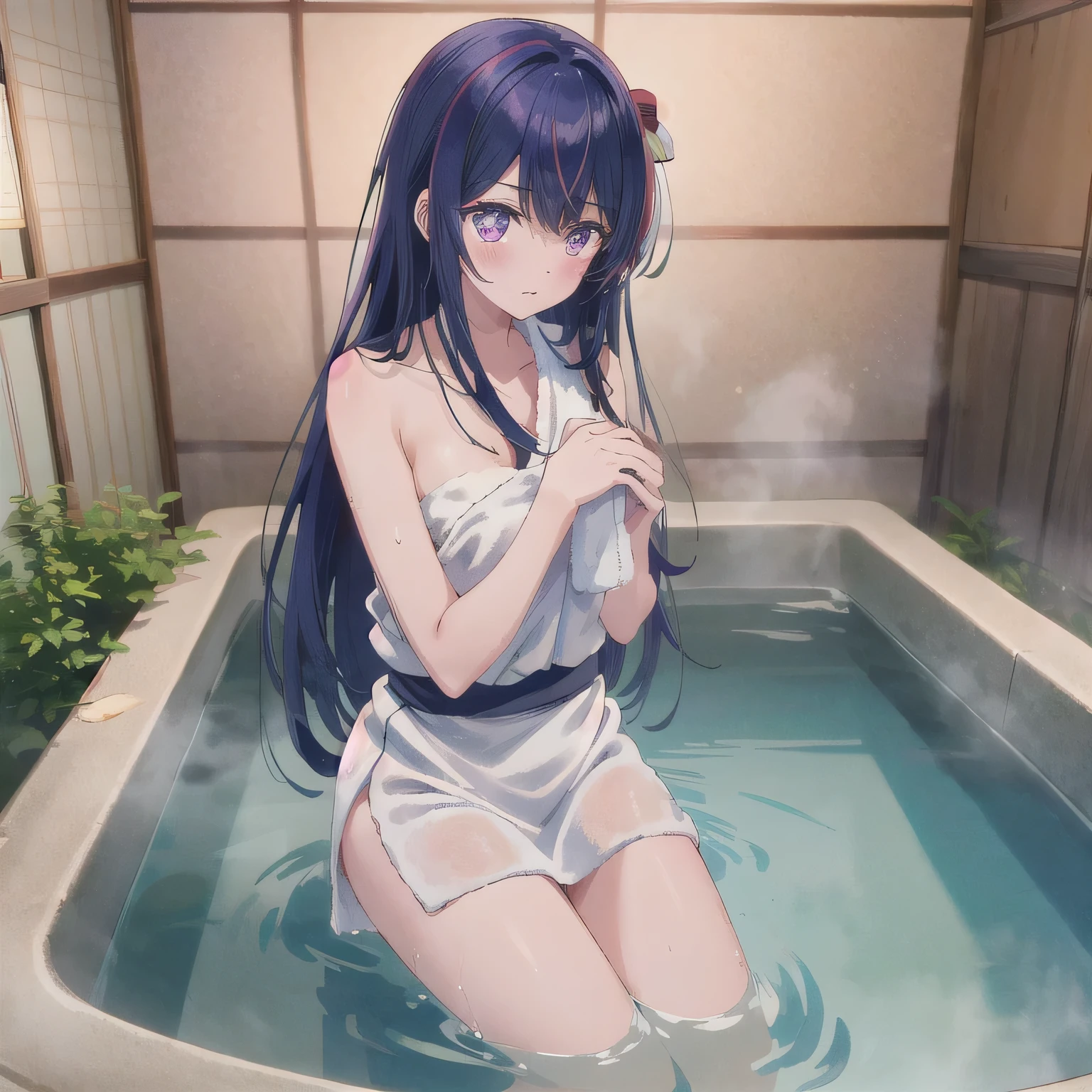 (masterpiece),(best quality),very aesthetic,(ultra-detailed),(illustration),nsfw,1girl,,slender,long hair,black hair,straight hair,disheveled hair,hair ribbon,detailed The upper half is green and the lower half is purple sexy see-through negligee with a pretty ribbon in center and lace accents,no panties,wet clothes,wet,dark blue alluring eyes,squinting eyes,annoyed,closed mouth,condescending look,enjoyable,happy,standing,leaning forward,hand on hip,reading a Paper with letters on them are pasted on wooden wall,onsen,outdoors,open air bath,daytime,Lascivious atmosphere,fantastic atmosphere,Sunlight shining,forest landscape,cowboy shot,from side