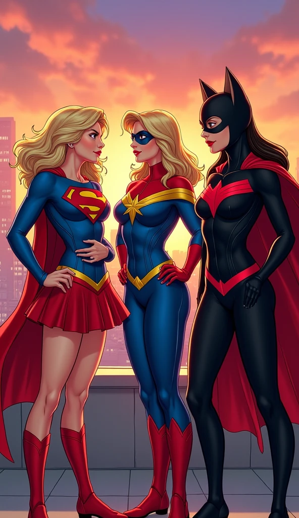 2 girls, one blonde with long hair wearing bows in her hair, with blue eyes, wearing a pink princess dress, sweet princess and sitting on a throne, the other girl behind the throne with short blonde hair, wearing a blue heroine costume, wearing a red cape and with an evil expression, with completely red eyes