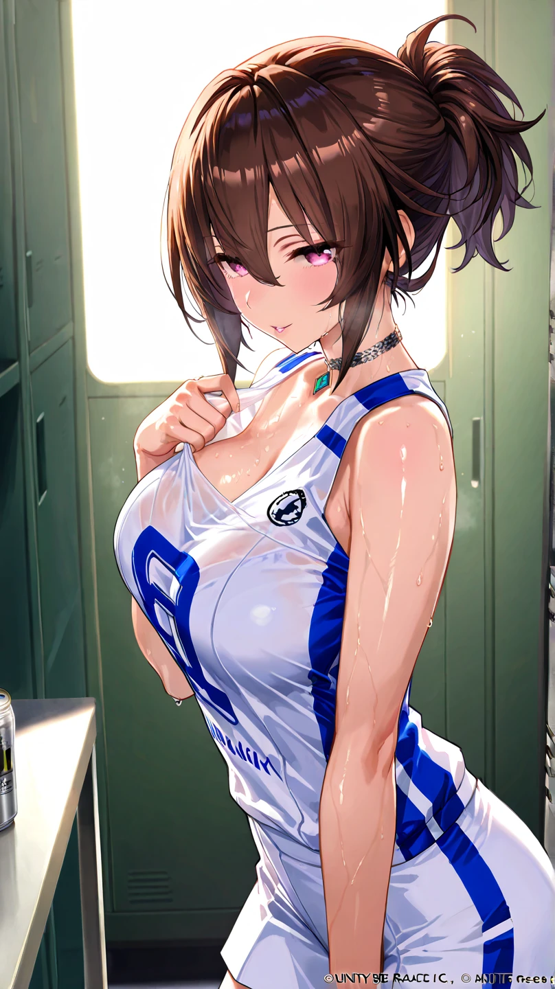 (nsfw),sharp focus,ultra detailed,(nsfw),upper body,medium short hair,saggy big breasts,(blushed:1.3),(track uniform),(,lifted logo printed vest,short gym pants:1.3),20 years old,(armpit hair:1.1),standing in back alley,curvy body,cute seductive girl,muscular curvy body,sweaty,undressing,