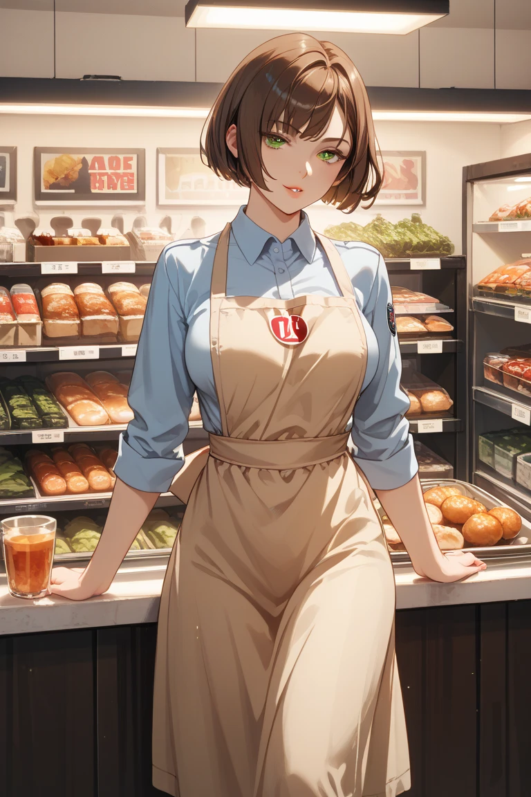 ((masterpiece, best quality, highres, UHD, perfect pixel, depth of field, 8k, RTX, HDR)), BREAK, 1girl, single, solo, beautiful anime girl, beautiful artstyle, anime character, ((short hair, brown hair)), (purple:1.4, rounded eyes, beautiful eyelashes, realistic eyes),big breast, without clothes wearing only a white apron, covered in sweat, blushing, with a smile, BREAK, holding a bitten bread in the hand, sexy pose in a pastry shop with shelves with a lot of bread.